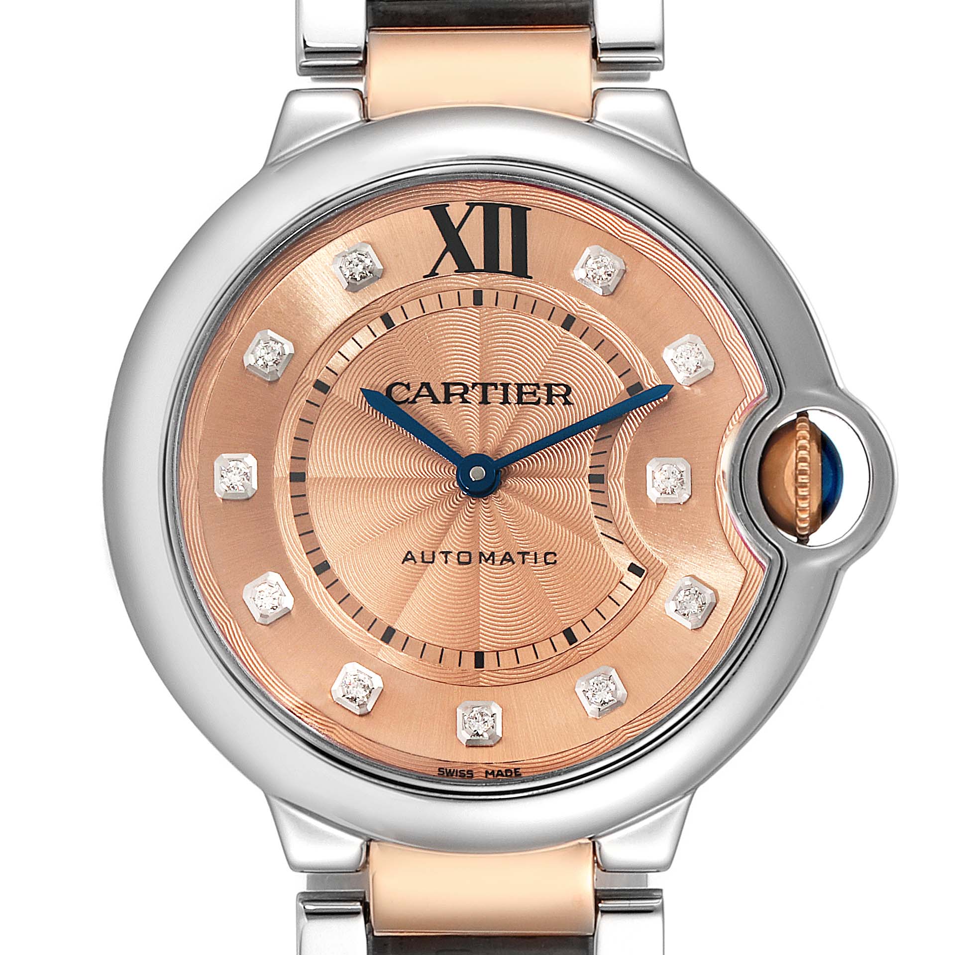 This image shows a close-up of the dial and part of the bracelet of the Cartier Ballon Bleu WE902054 Women's Steel and Gold (two tone) Pink Dial WE902054 Women's Steel and Gold (two tone) Pink Dial watch.