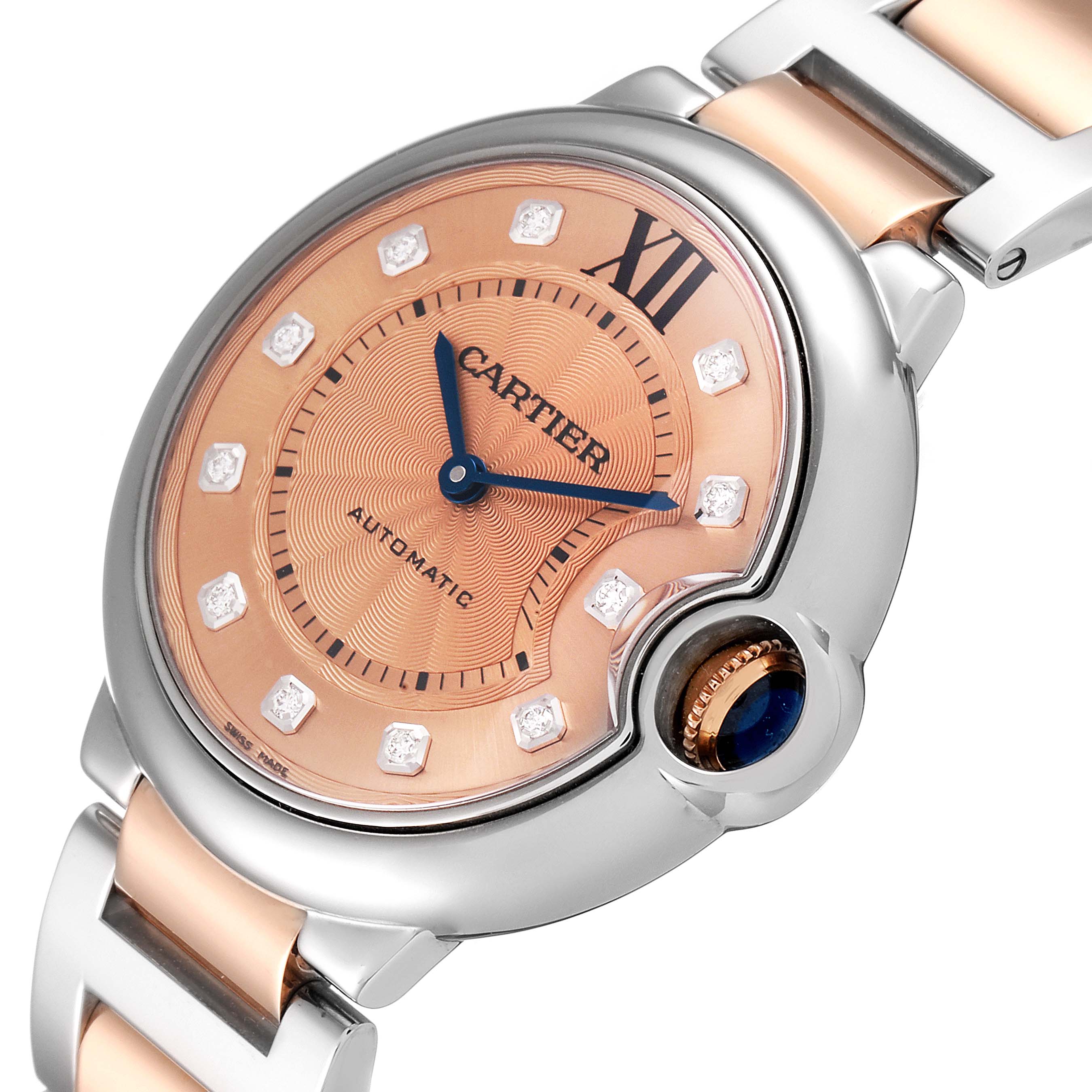 This image displays a close-up of the Cartier Ballon Bleu WE902054 Women's Steel and Gold (two tone) Pink Dial WE902054 Women's Steel and Gold (two tone) Pink Dial watch, highlighting the dial, crown, and part of the bracelet.