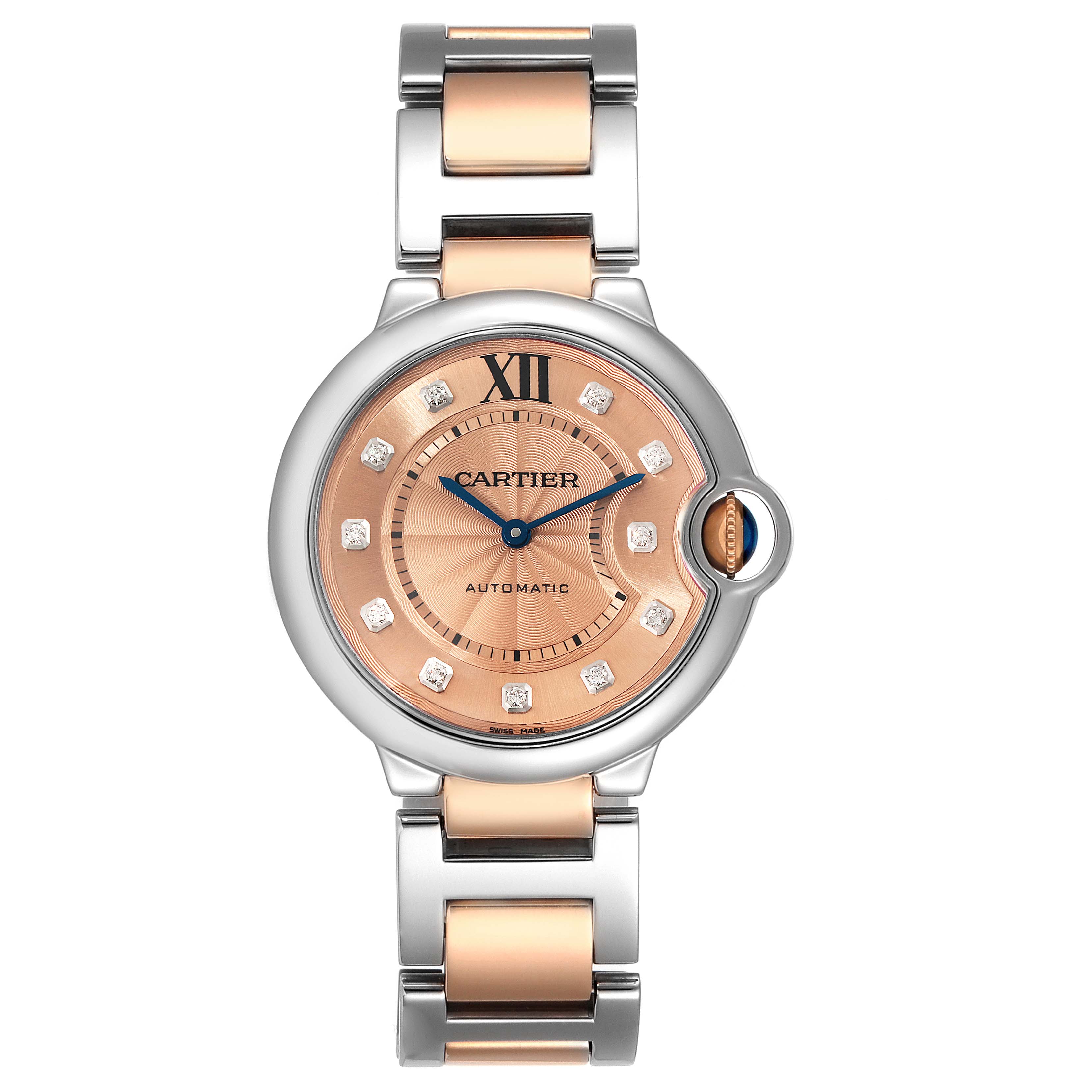 This image shows a front view of the Cartier Ballon Bleu WE902054 Women's Steel and Gold (two tone) Pink Dial WE902054 Women's Steel and Gold (two tone) Pink Dial watch, displaying its face, hands, markers, and two-tone bracelet.