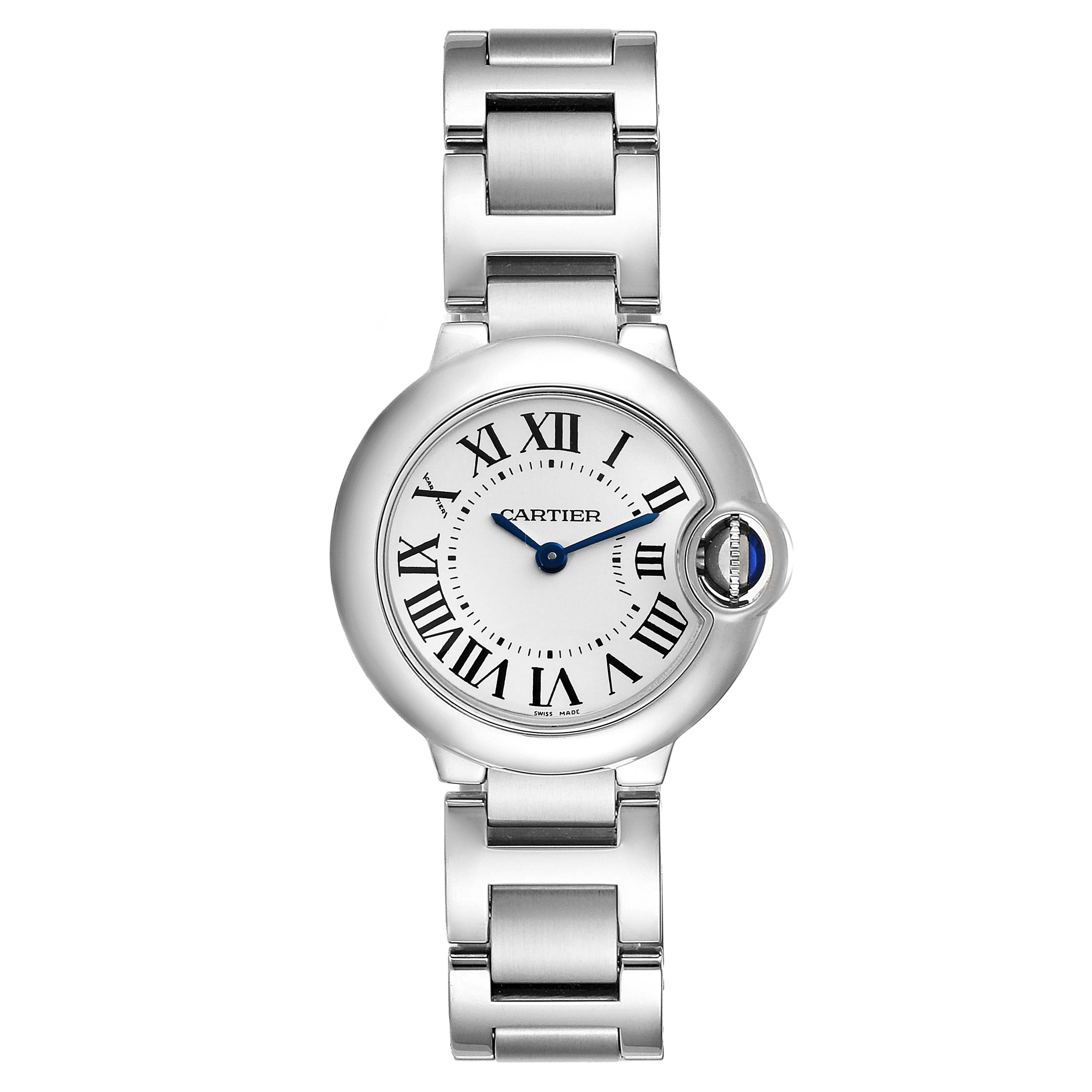 The image shows a front view of the Cartier Ballon Bleu W69010Z4 Women
s Stainless Steel Silver Dial W69010Z4 Women
s Stainless Steel Silver Dial watch, highlighting its face, bracelet, and crown.