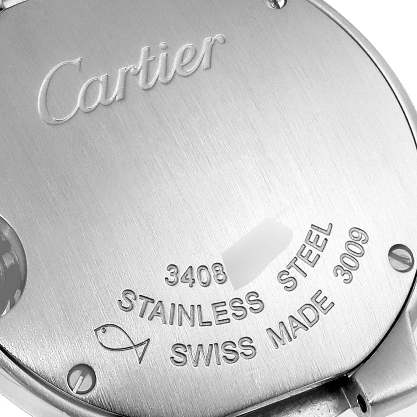 This image shows the back case of a Cartier Ballon Bleu W69010Z4 Women
s Stainless Steel Silver Dial W69010Z4 Women
s Stainless Steel Silver Dial watch, highlighting its stainless steel material and engraving details.