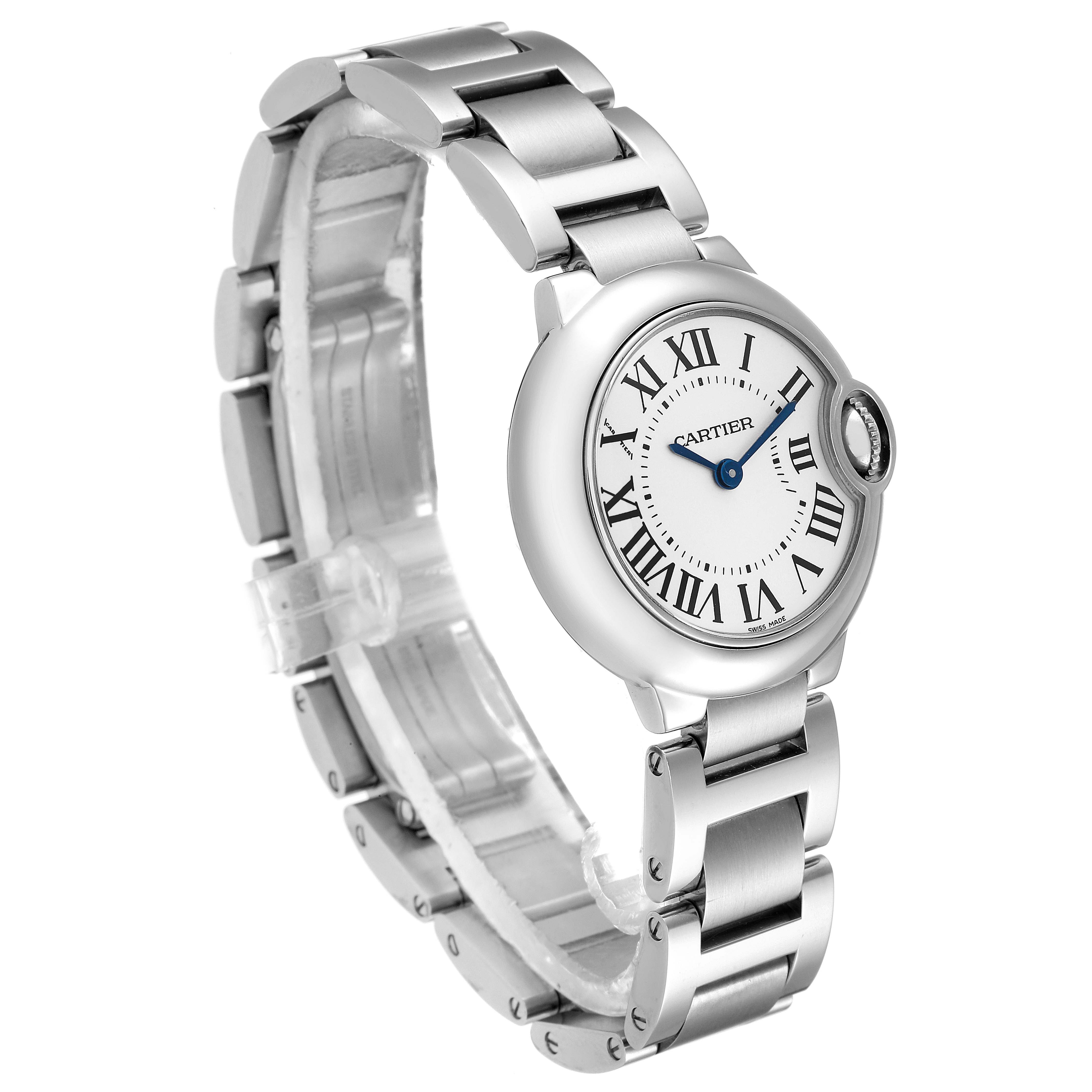 The image shows the Ballon Bleu watch by Cartier at an angle highlighting its face and stainless steel bracelet.