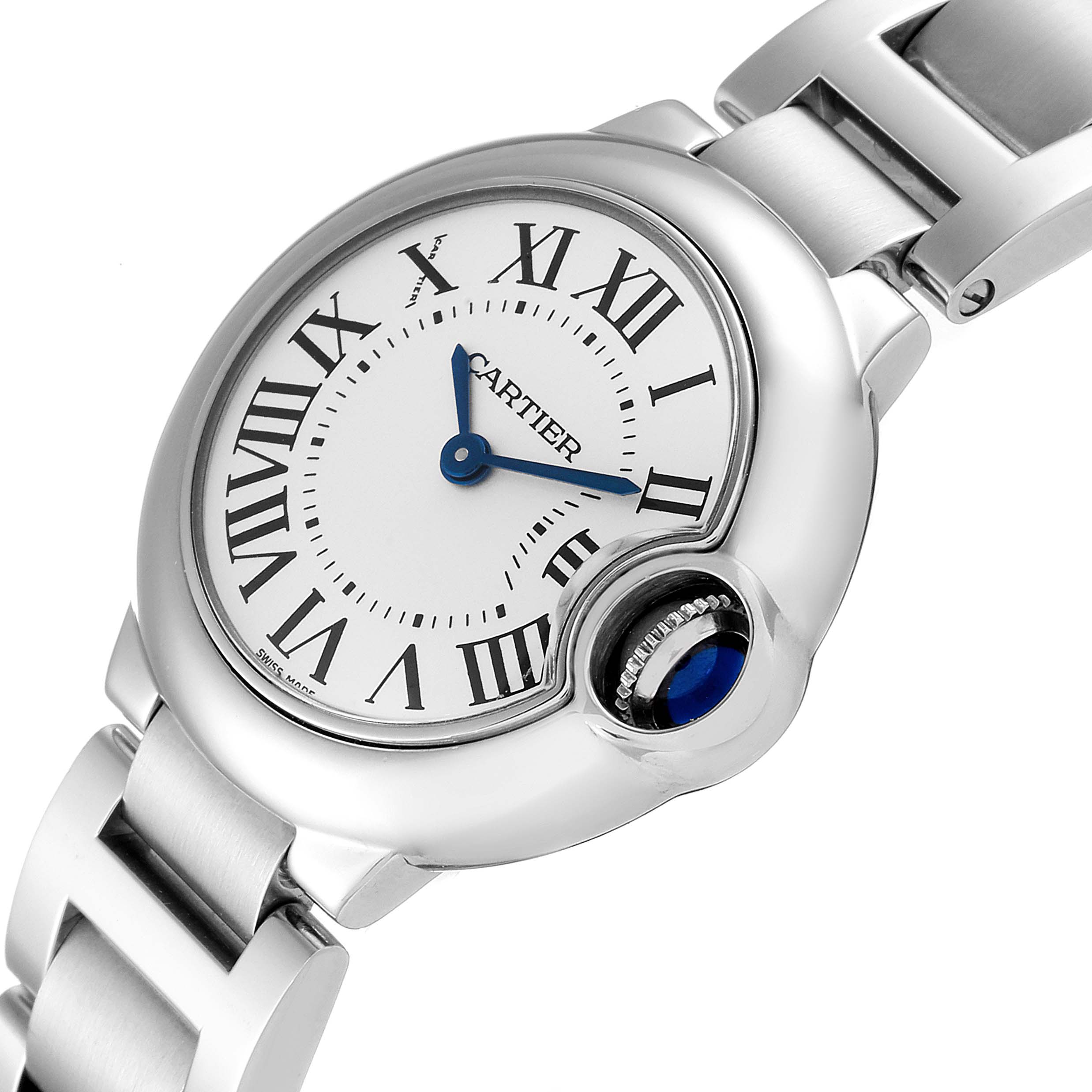 This image shows a close-up view of the face and part of the bracelet of the Cartier Ballon Bleu W69010Z4 Women
s Stainless Steel Silver Dial W69010Z4 Women
s Stainless Steel Silver Dial watch.