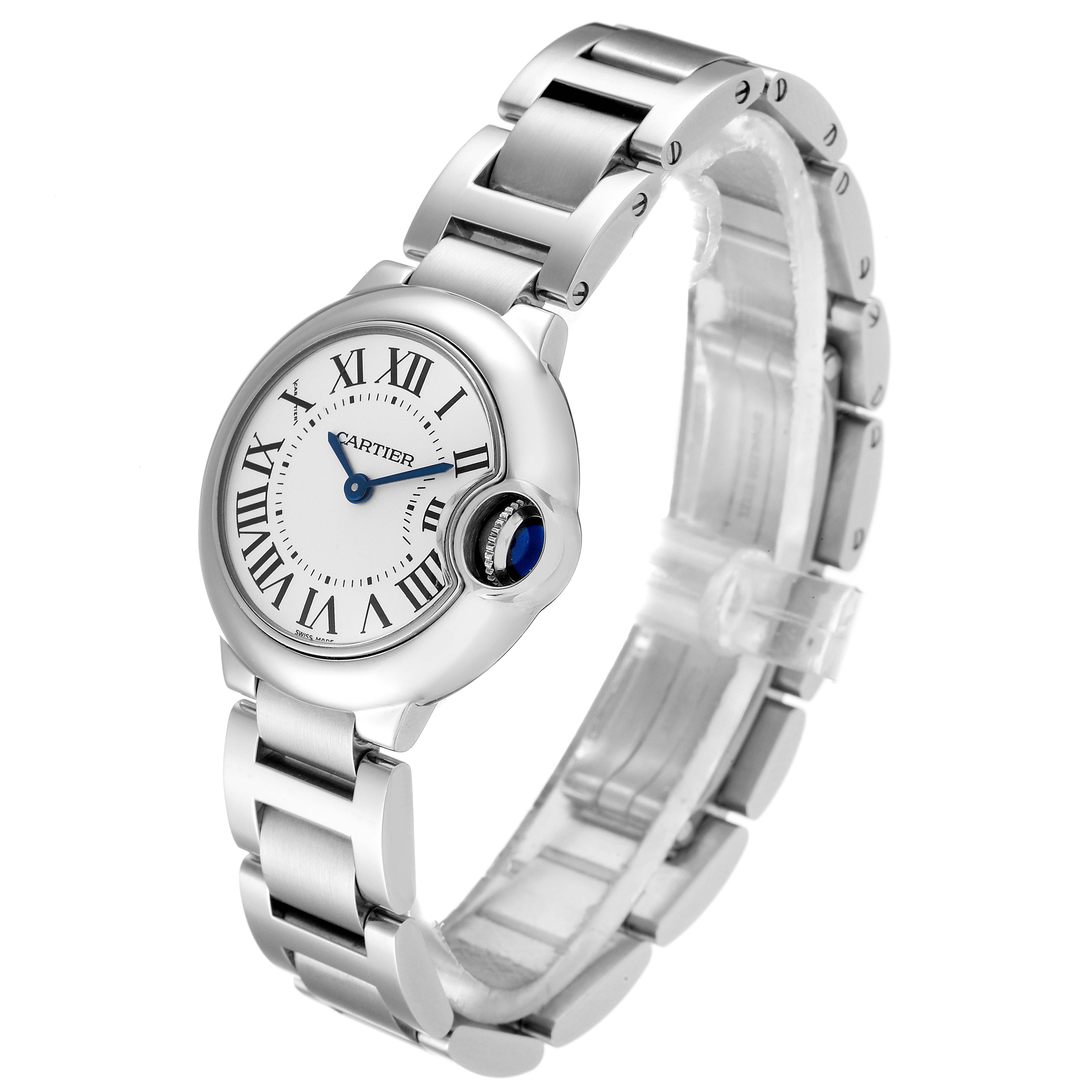 This image shows a Cartier Ballon Bleu W69010Z4 Women
s Stainless Steel Silver Dial W69010Z4 Women
s Stainless Steel Silver Dial watch angled to display the face, crown, and metal bracelet.