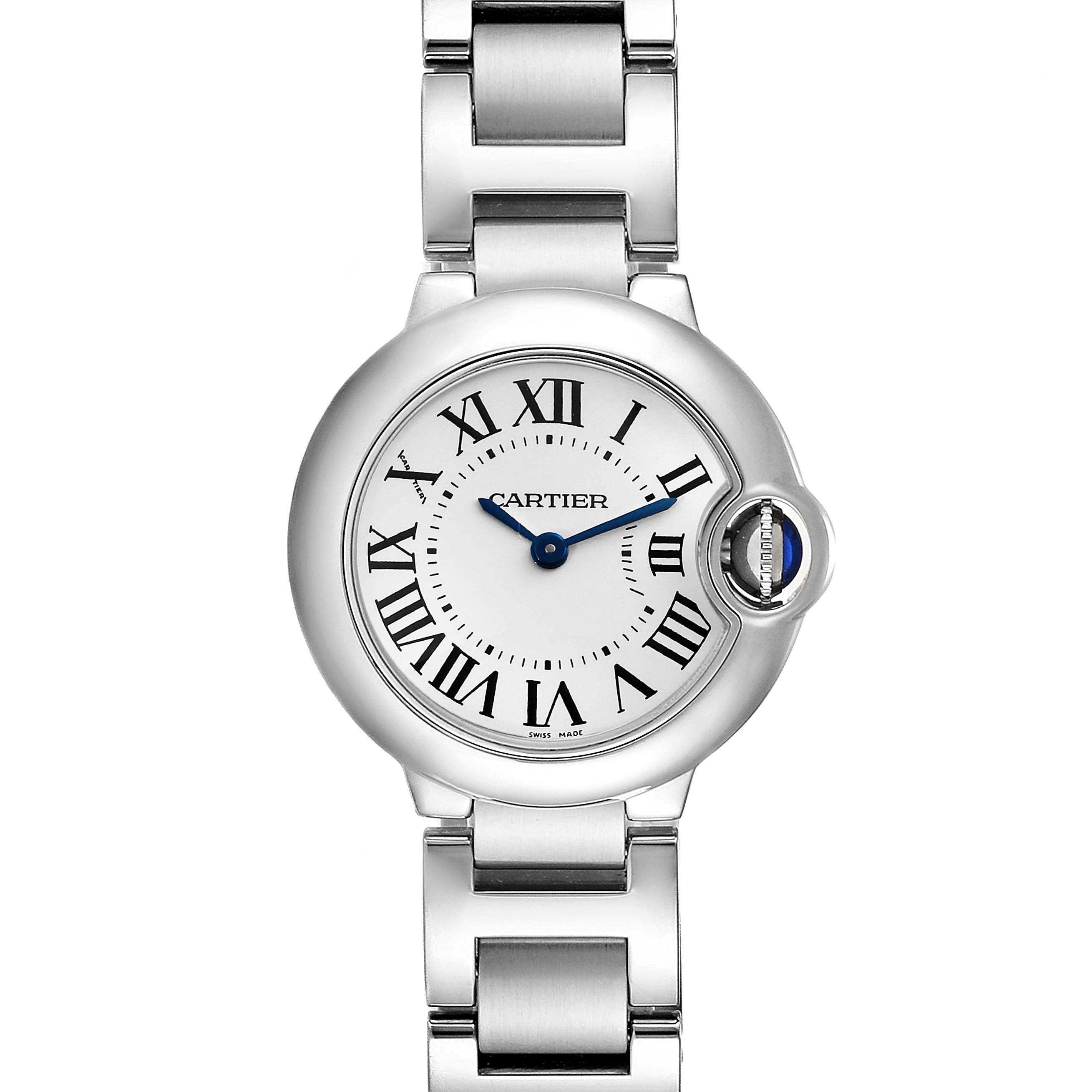 This is a front view of the Cartier Ballon Bleu W69010Z4 Women
s Stainless Steel Silver Dial W69010Z4 Women
s Stainless Steel Silver Dial watch, showing the face, Roman numerals, and part of the stainless steel bracelet.