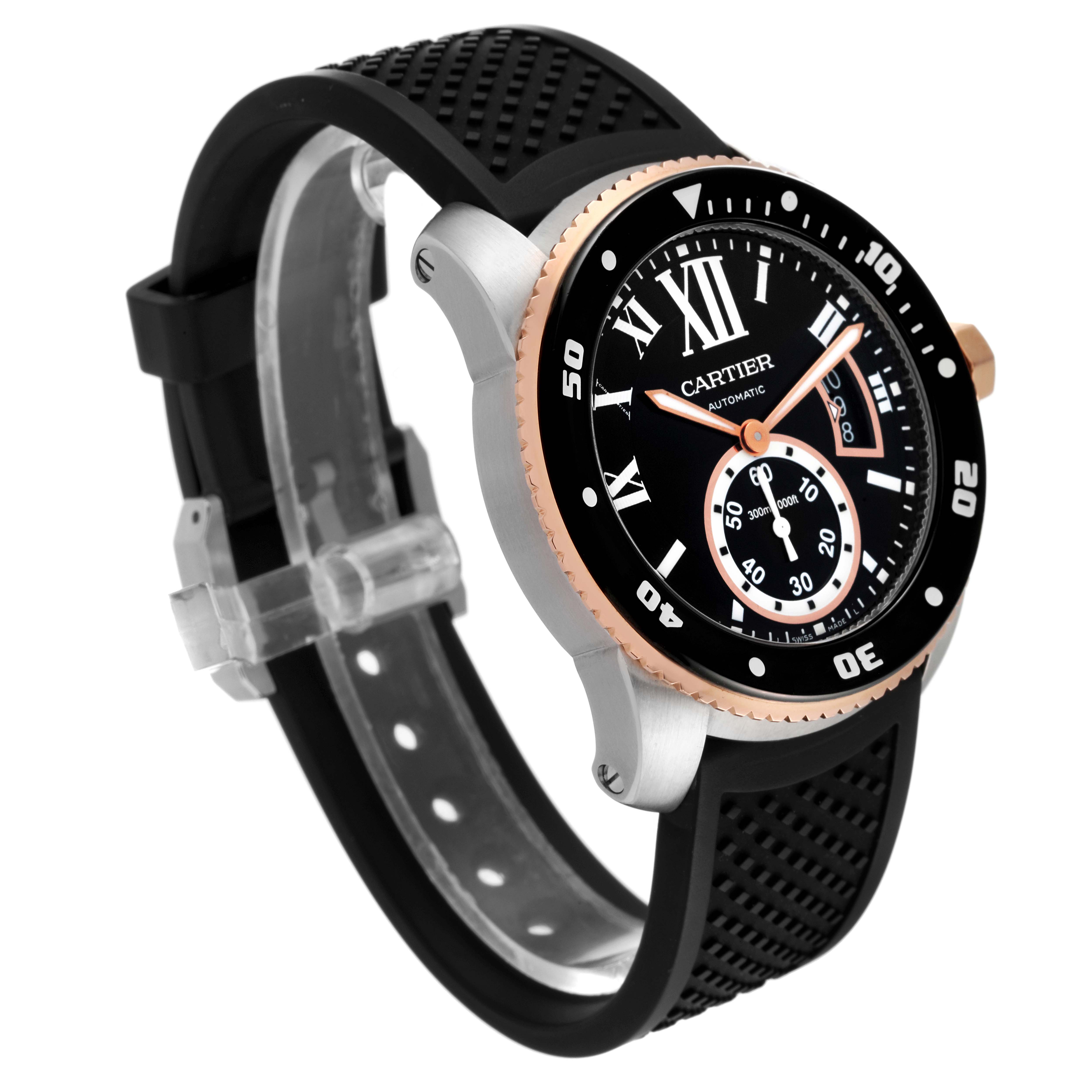 The image shows a side-front angle of the Calibre de Cartier watch by Cartier, highlighting its face, bezel, and black strap.