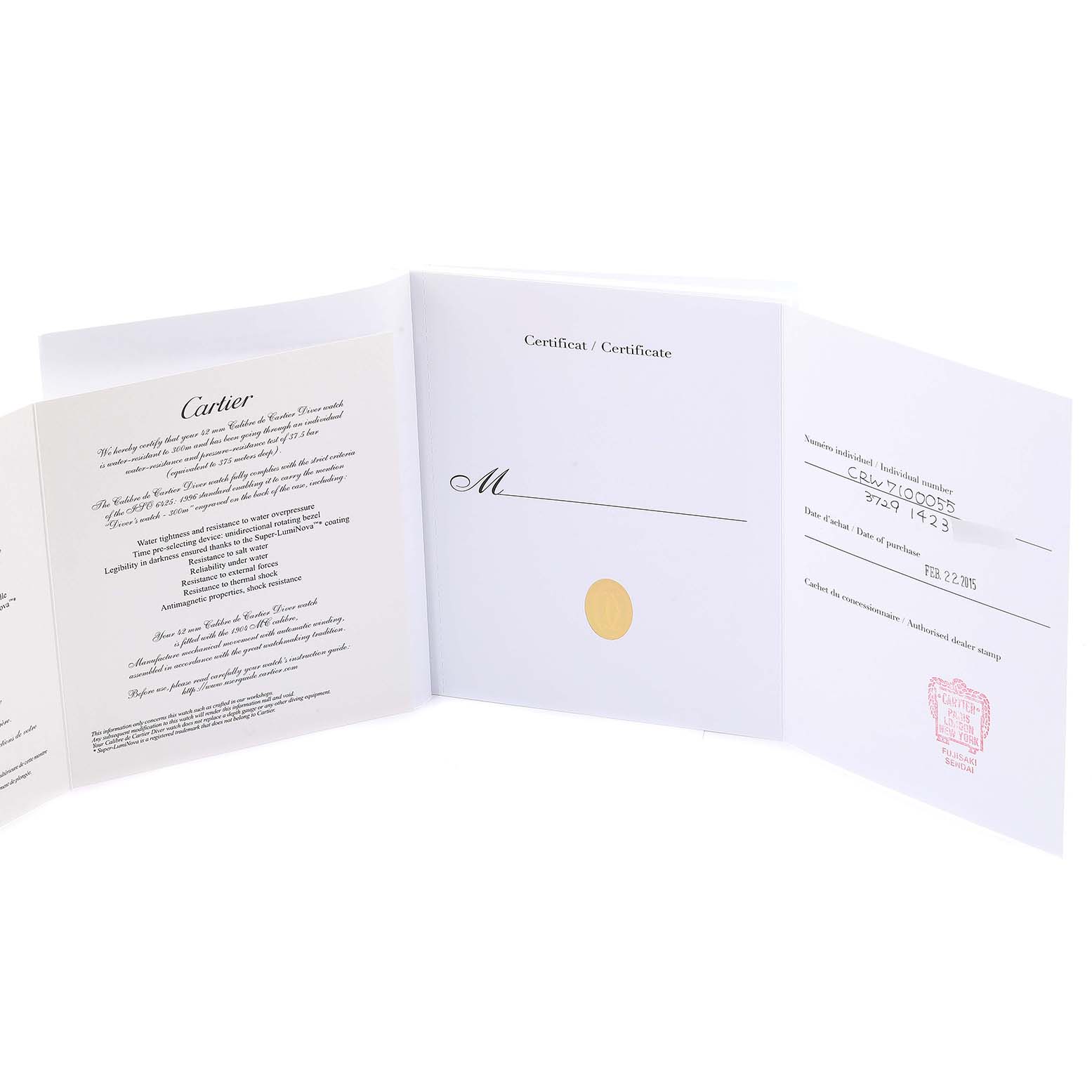 The image shows an open certificate booklet for the Calibre de Cartier model by Cartier, with warranty and purchase details.