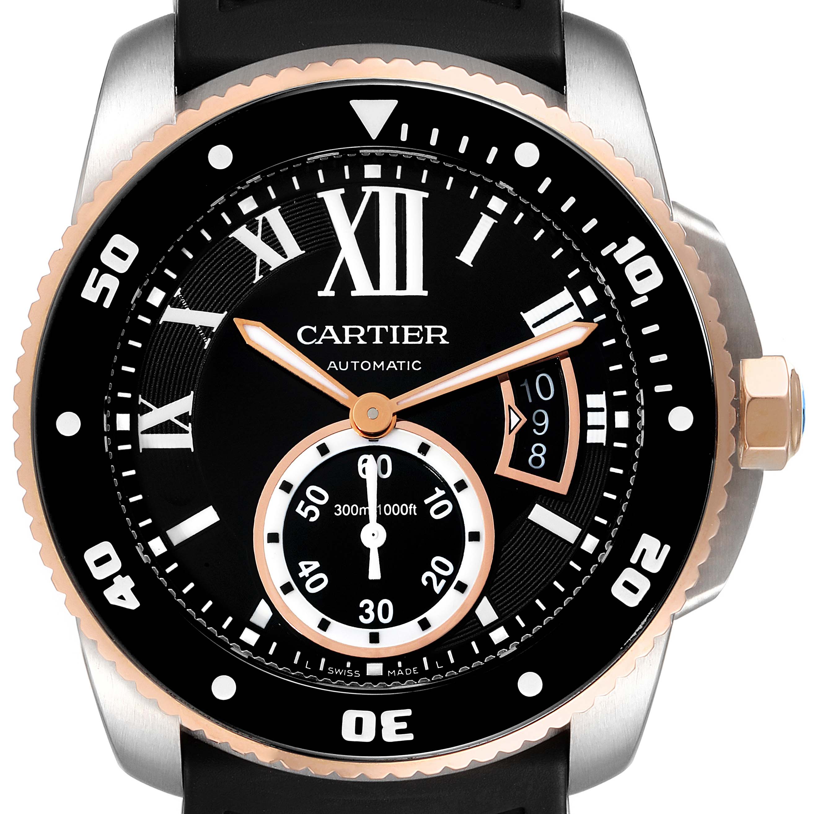 This image shows a front view of the Calibre de Cartier watch by Cartier, highlighting its dial, hands, bezel, and crown.