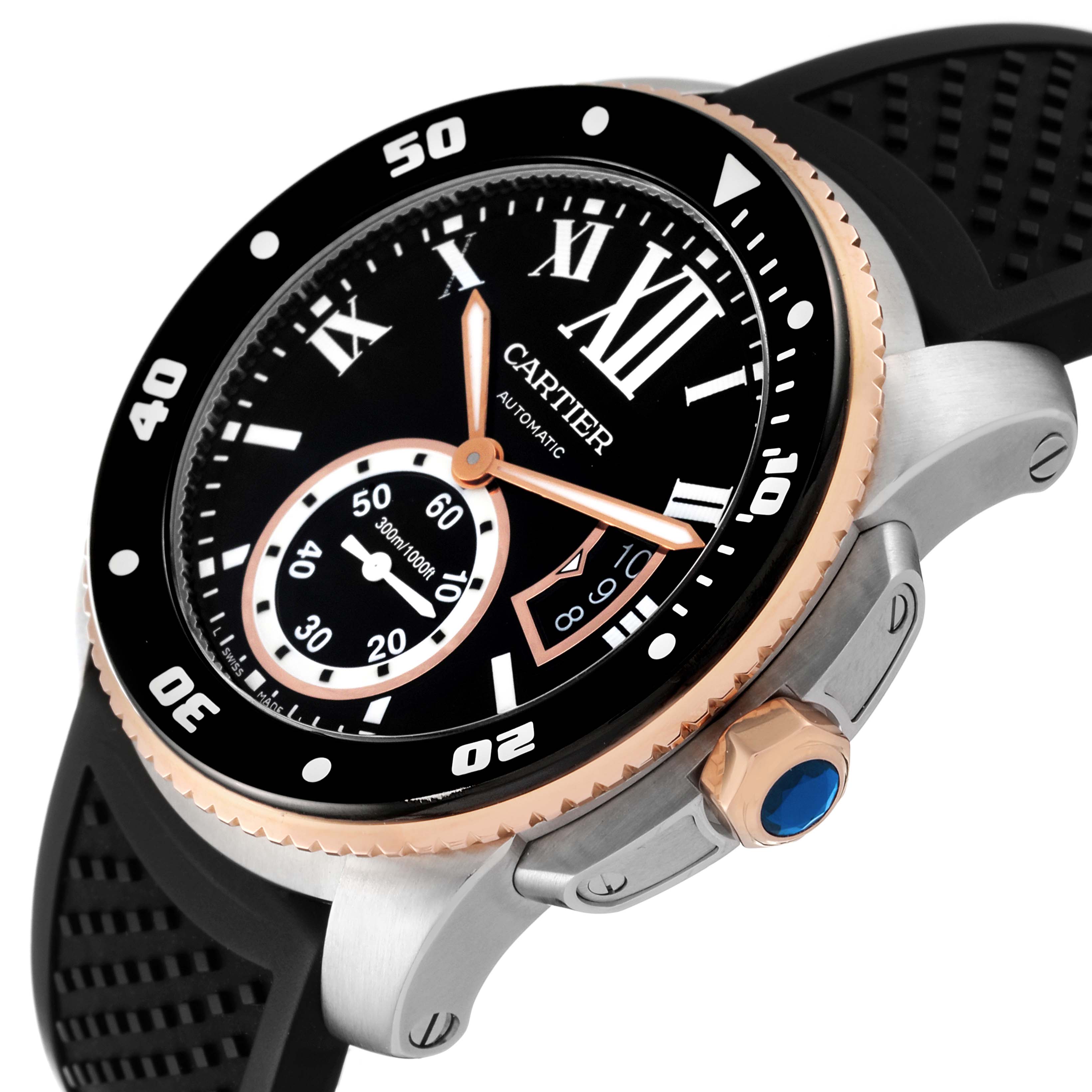 The image shows a side angle of the Calibre de Cartier watch by Cartier, highlighting its bezel, dial, crown, and strap.