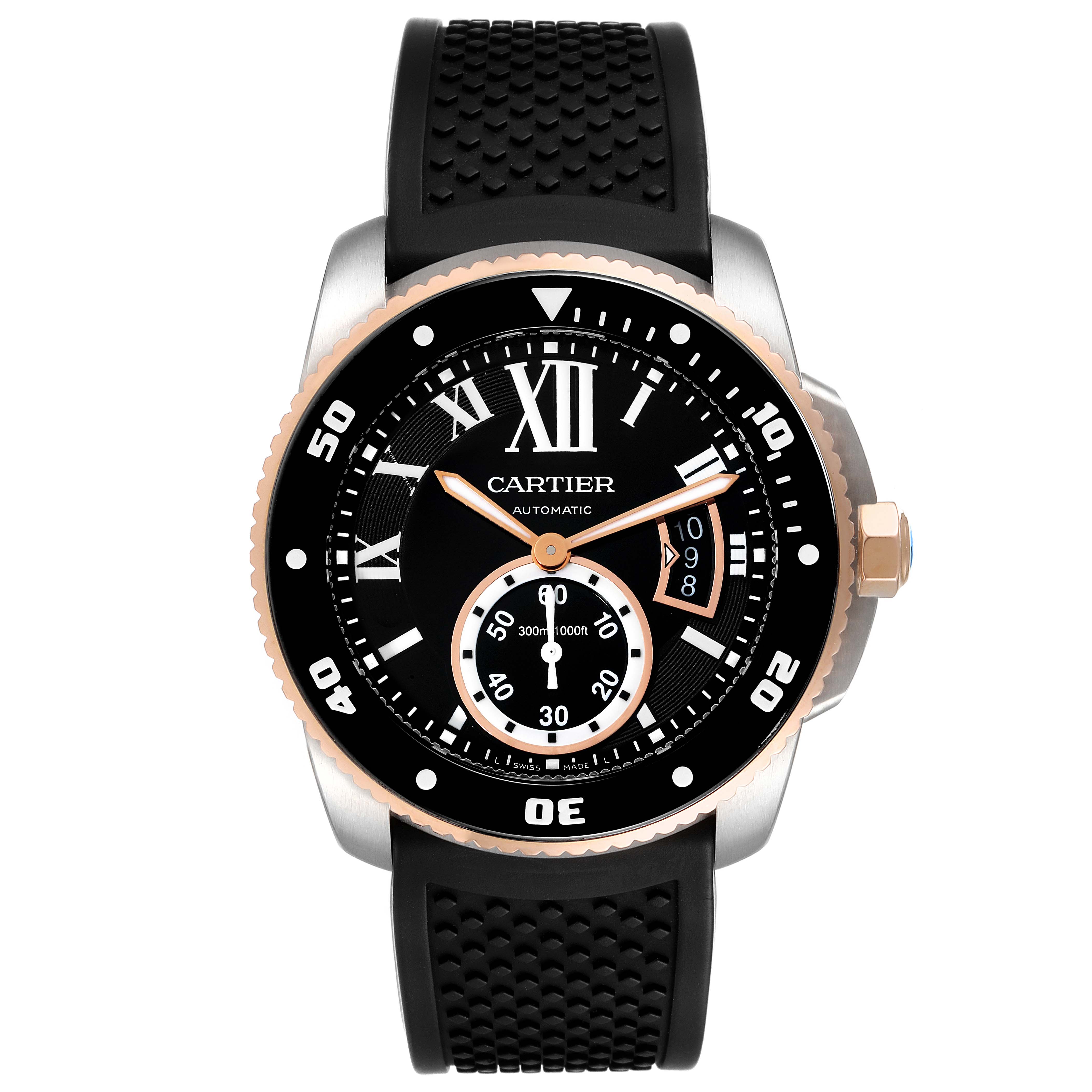 This image shows a front view of the Calibre de Cartier watch by Cartier, featuring its black dial, rose gold bezel, and rubber strap.