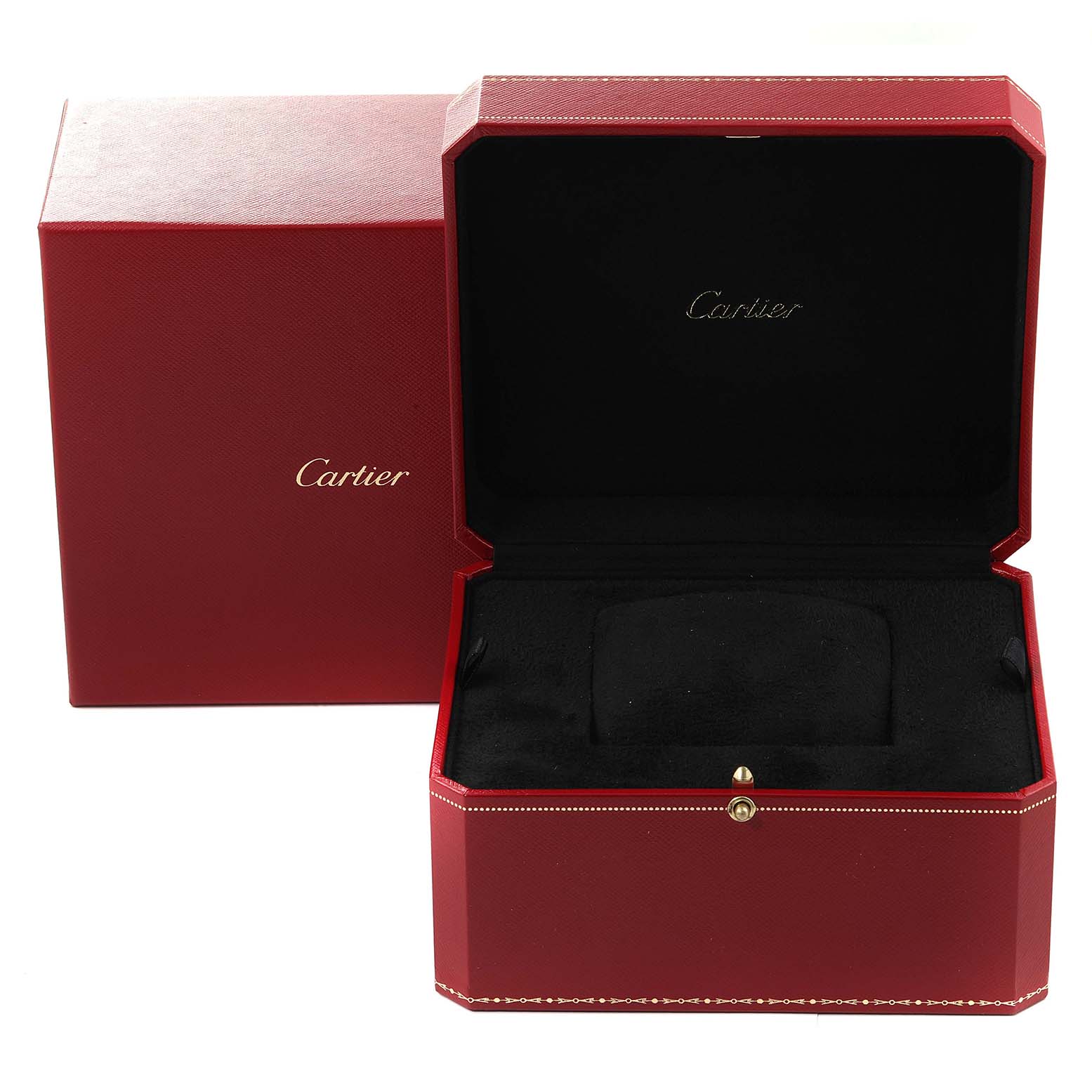 The image shows an open Cartier watch box for the Calibre de Cartier model, displaying the inner cushion and packaging.