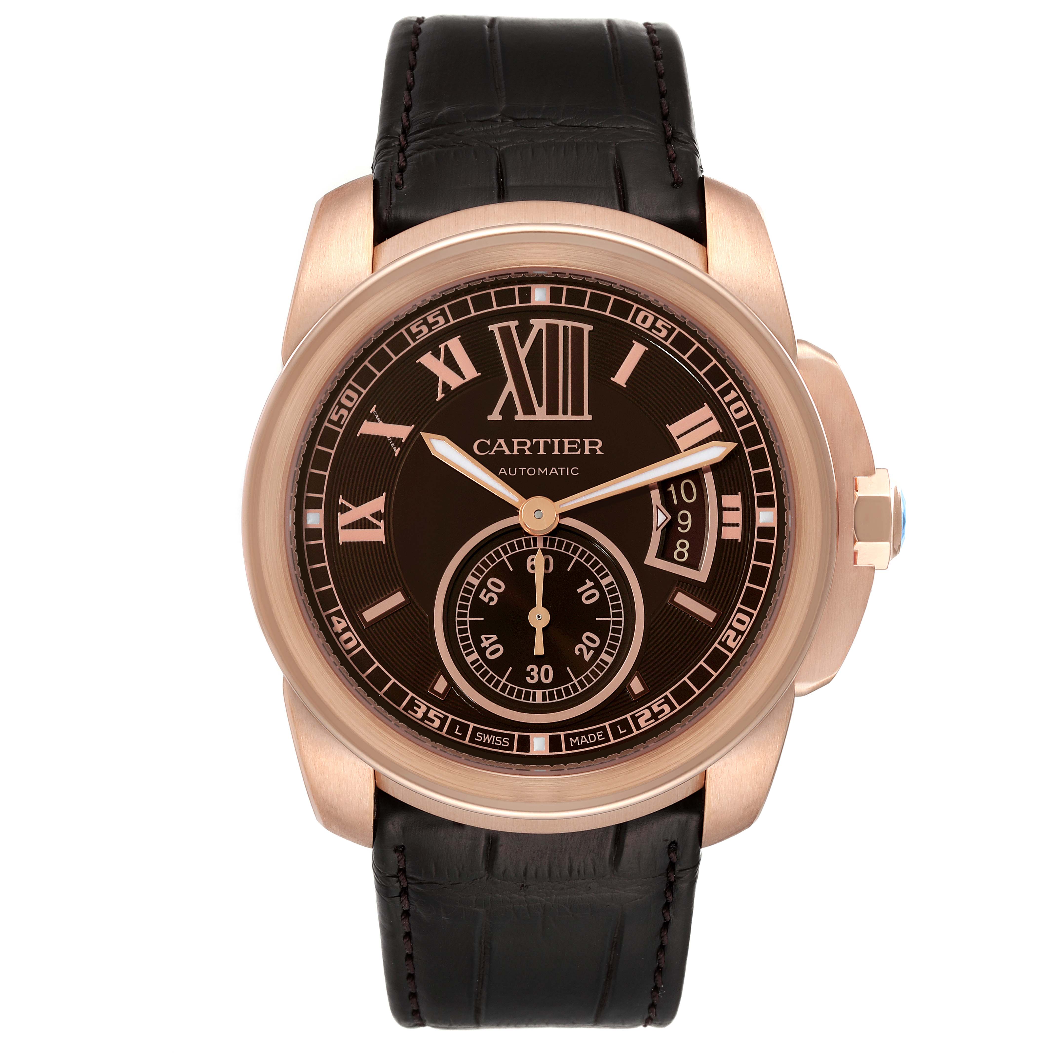 This Calibre de Cartier watch by Cartier is shown from the front, displaying its dial, hands, leather strap, and crown.