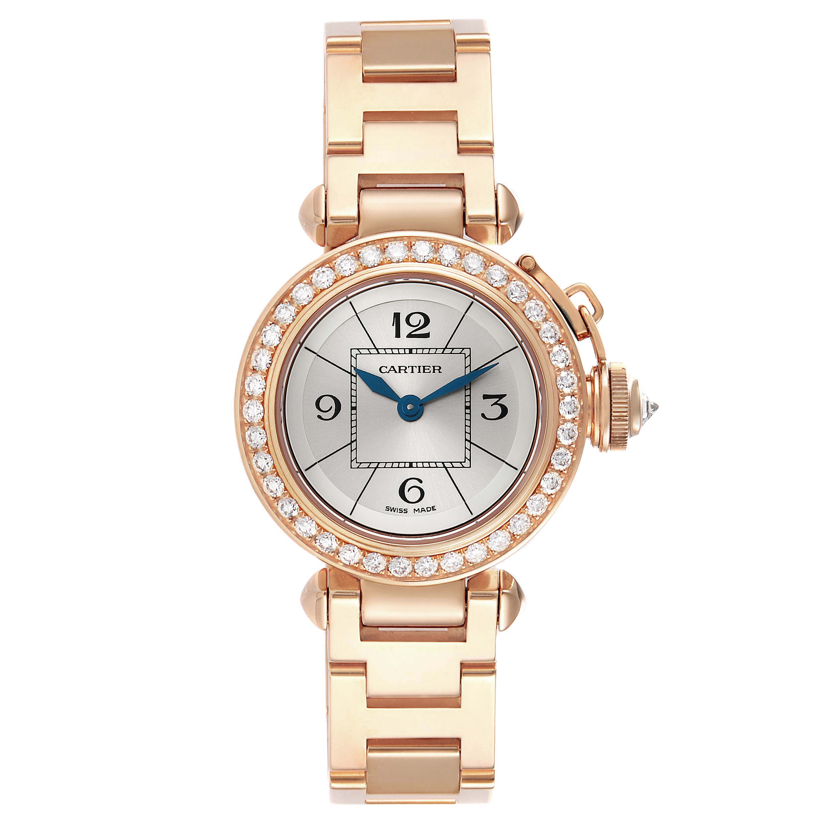 The Cartier Pasha WJ124014 Women
s Rose Gold Silver Dial WJ124014 Women
s Rose Gold Silver Dial watch is shown from a top-down angle, displaying its dial, bezel, and bracelet.