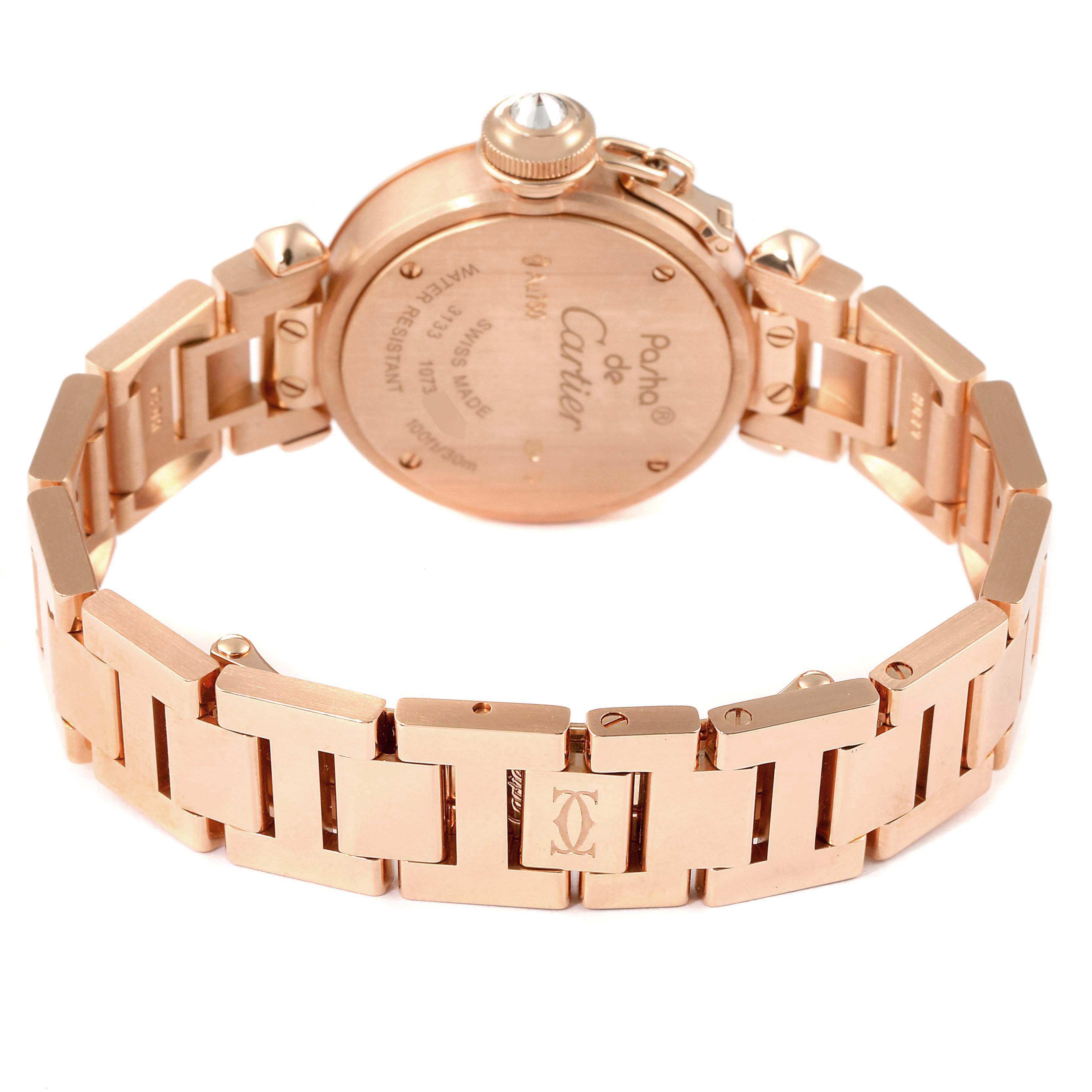 This image shows the back view of a Cartier Pasha WJ124014 Women
s Rose Gold Silver Dial WJ124014 Women
s Rose Gold Silver Dial watch, highlighting its rose gold bracelet and caseback.