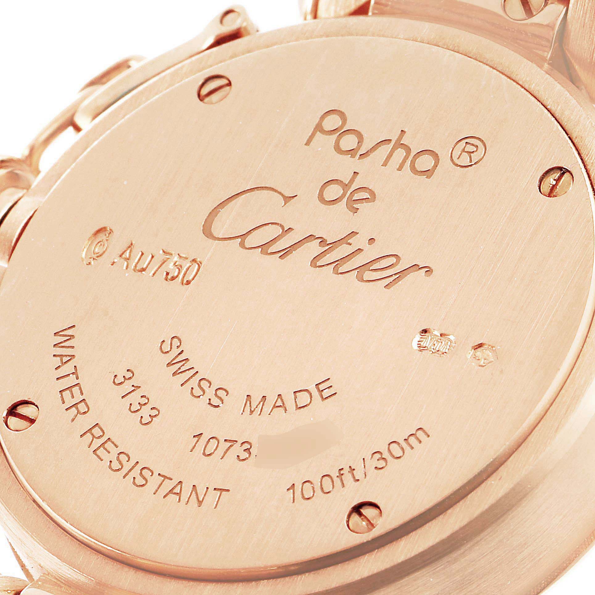 This image shows the back case of a Cartier Pasha WJ124014 Women
s Rose Gold Silver Dial WJ124014 Women
s Rose Gold Silver Dial watch, highlighting its engravings.