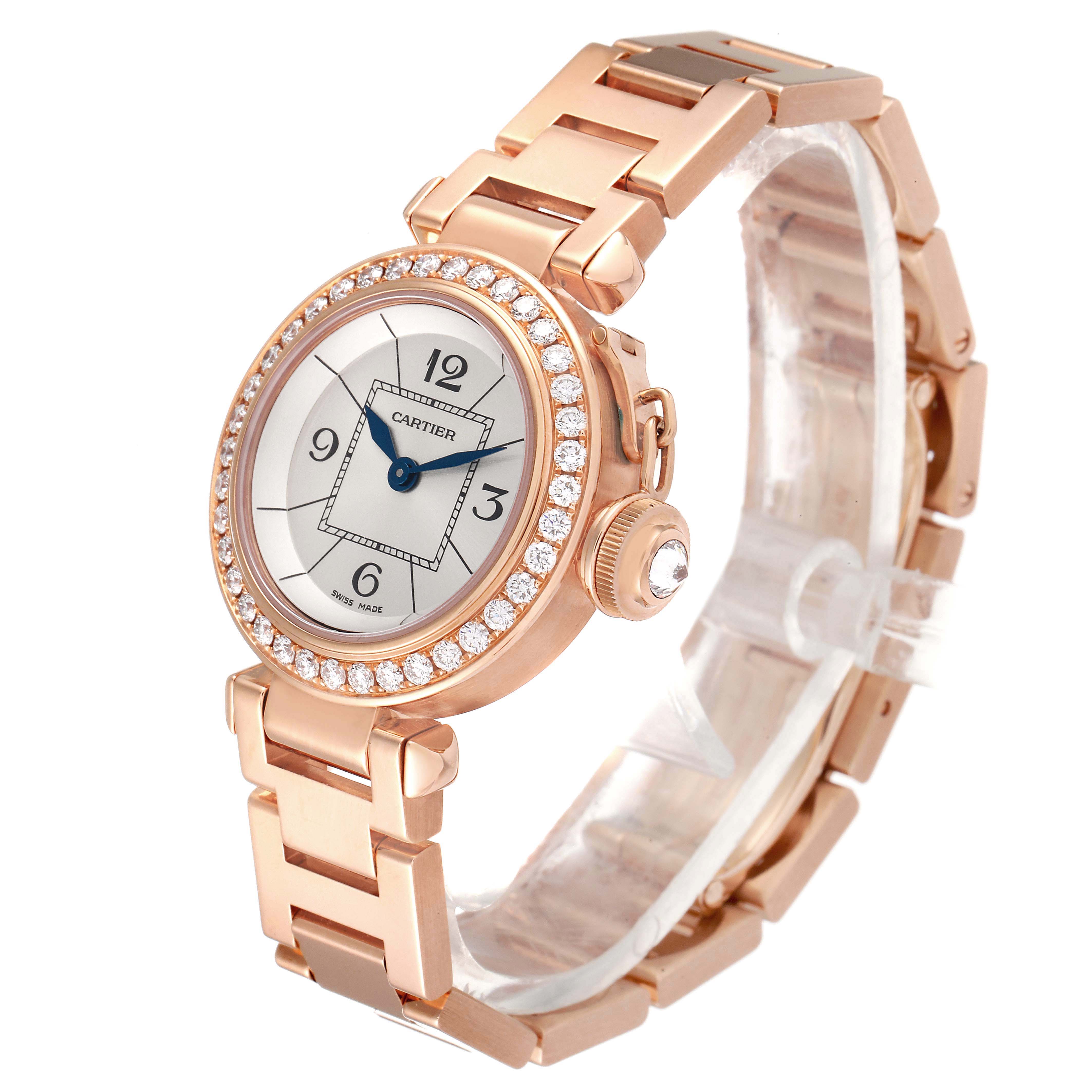 This Cartier Pasha WJ124014 Women
s Rose Gold Silver Dial WJ124014 Women
s Rose Gold Silver Dial model watch is shown from a front three-quarter angle, highlighting the face and bracelet.