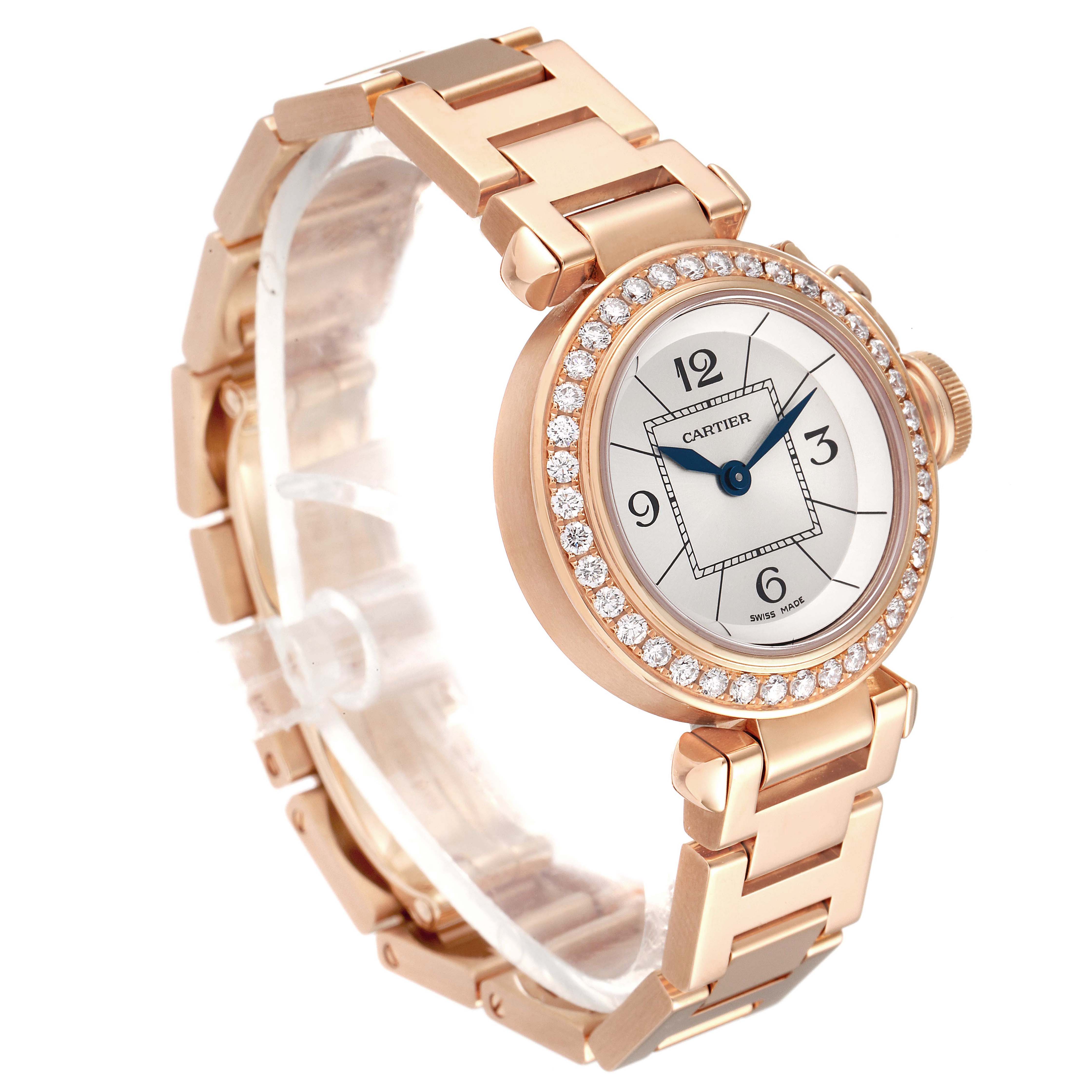 The image shows a Cartier Pasha WJ124014 Women
s Rose Gold Silver Dial WJ124014 Women
s Rose Gold Silver Dial watch at a three-quarter angle, highlighting its rose gold bracelet and diamond-set bezel.
