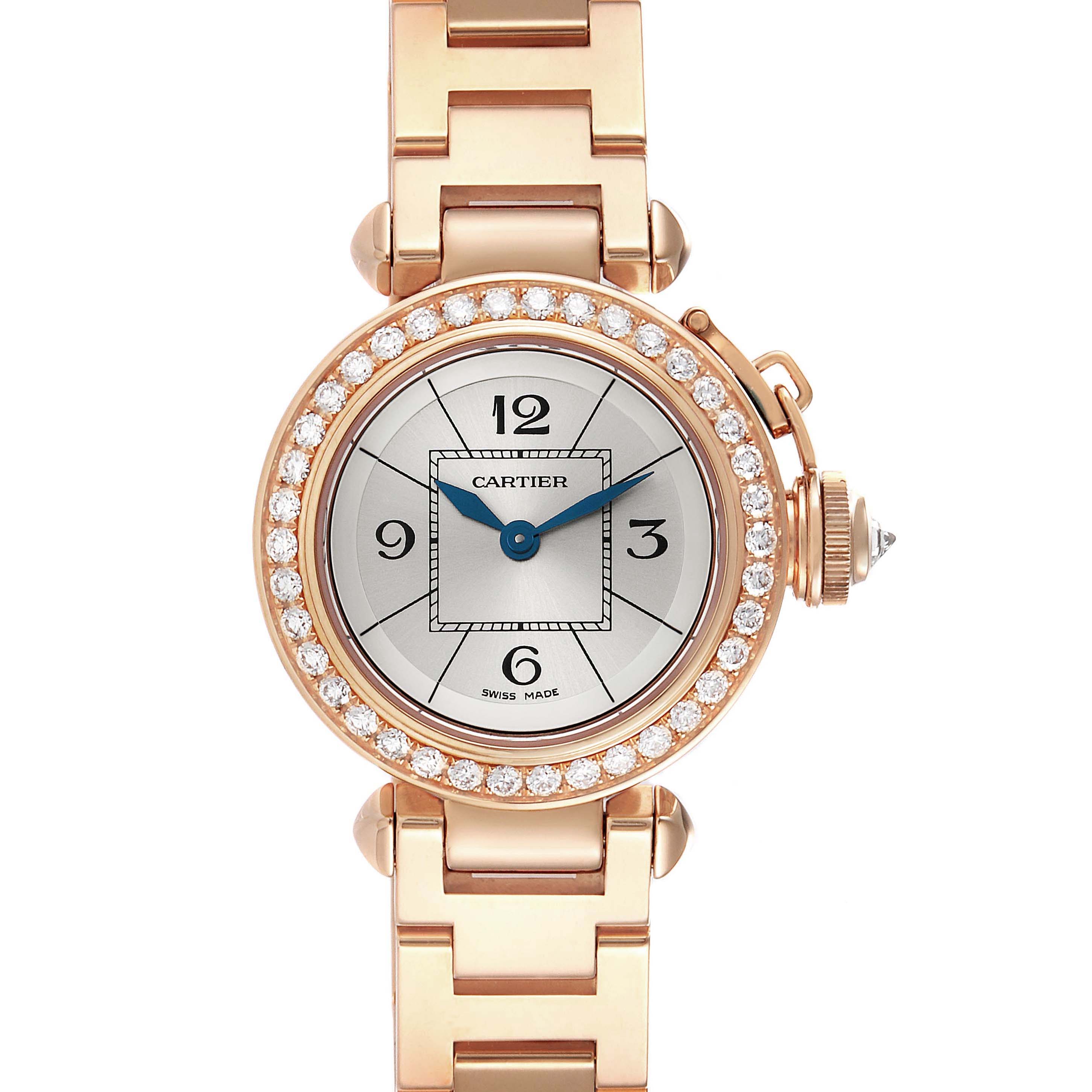 This image shows a front view of the Cartier Pasha WJ124014 Women
s Rose Gold Silver Dial WJ124014 Women
s Rose Gold Silver Dial watch, displaying the dial, bezel, bracelet, and crown.