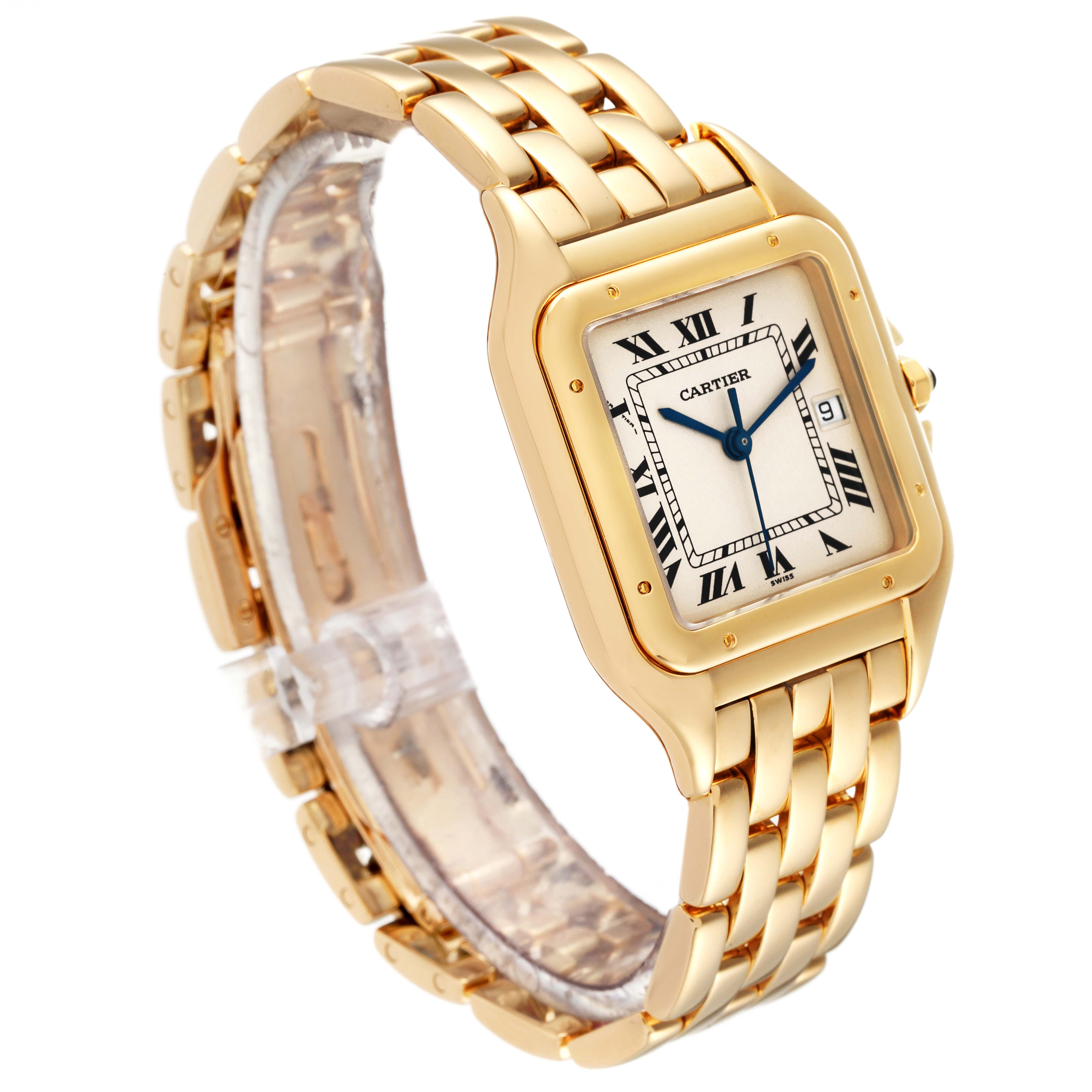 The image shows the front and side of the Cartier Panthere W25014B9 Men's Yellow Gold Silver Dial W25014B9 Men's Yellow Gold Silver Dial watch, highlighting its gold bracelet and square face with Roman numerals.