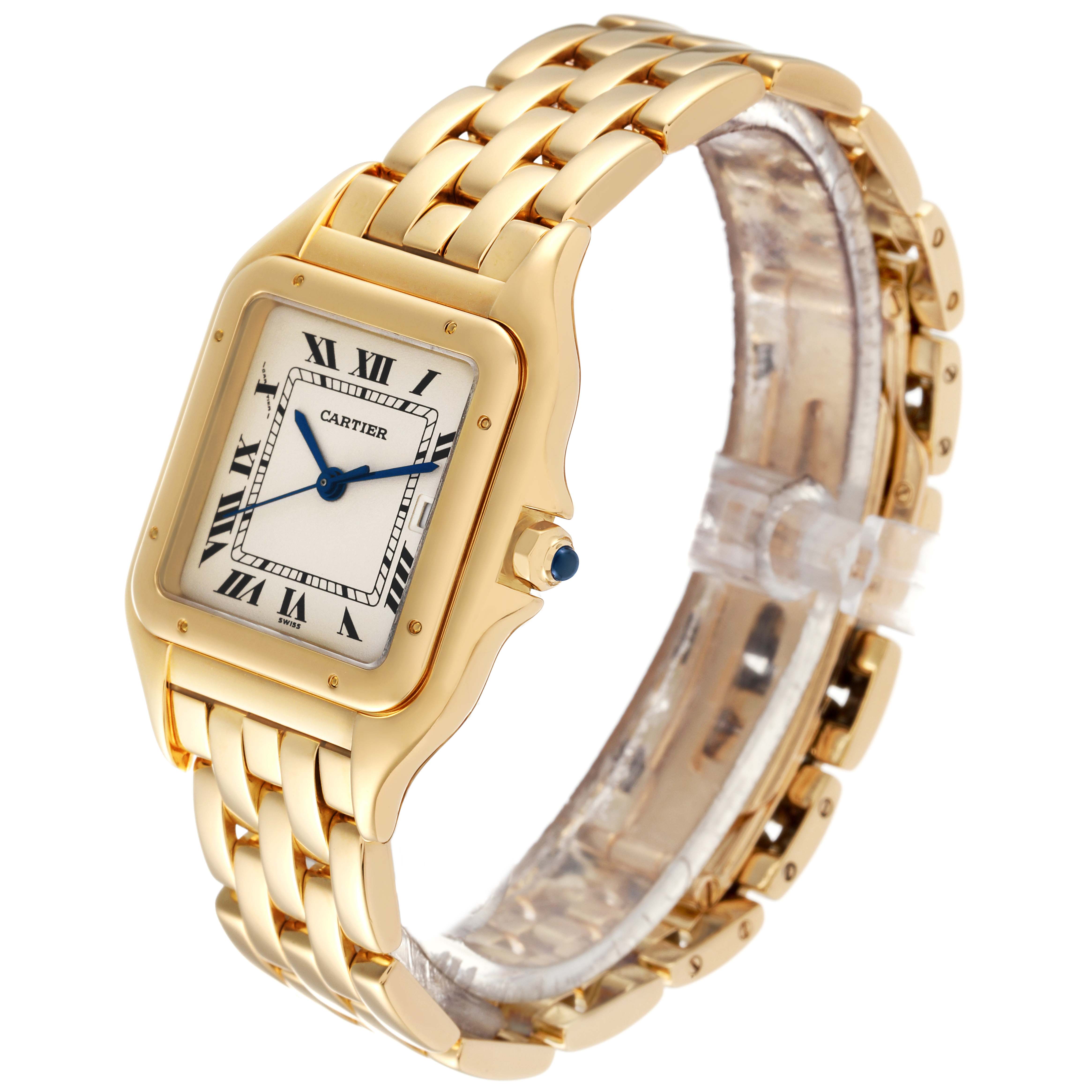This image shows a Cartier Panthere W25014B9 Men's Yellow Gold Silver Dial W25014B9 Men's Yellow Gold Silver Dial watch at a slight angle, highlighting the face, bracelet, and side crown.