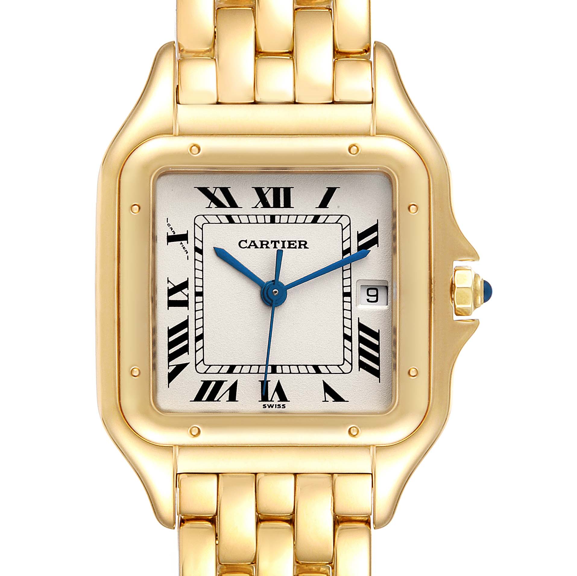 The Panthere de Cartier watch is viewed front-on, showcasing its square dial, gold case, Roman numerals, and bracelet.