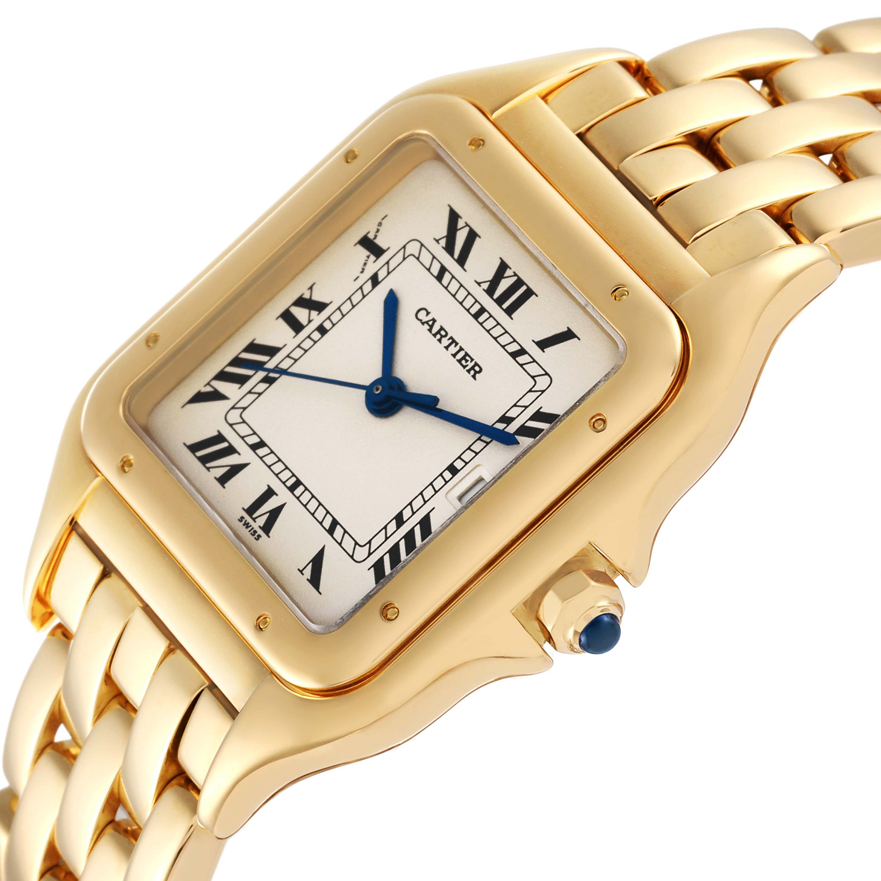 The image shows a close-up, side angle view of the face and part of the band of a Cartier Panthere W25014B9 Men's Yellow Gold Silver Dial W25014B9 Men's Yellow Gold Silver Dial watch.