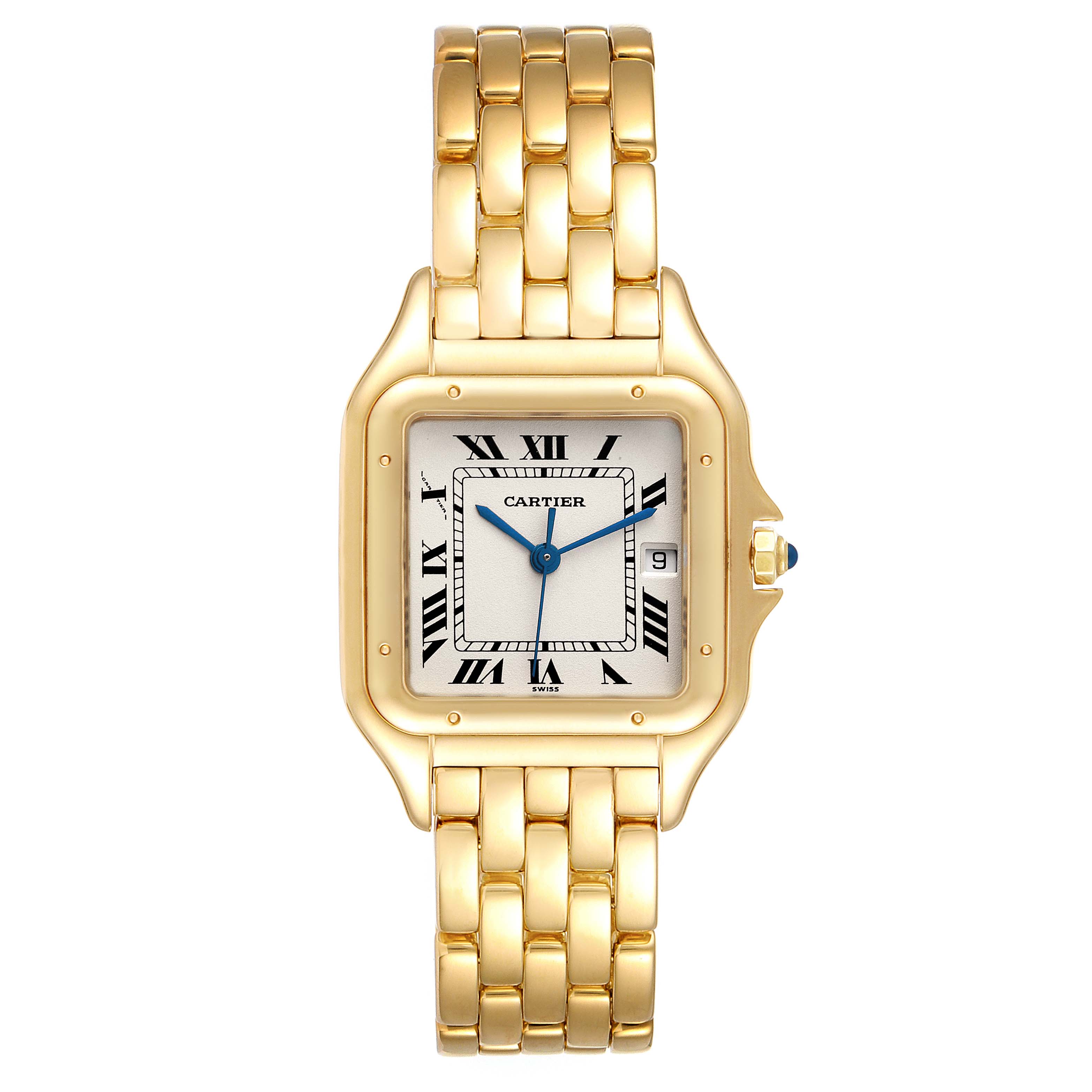 The image shows a frontal view of a gold Cartier Panthere W25014B9 Men's Yellow Gold Silver Dial W25014B9 Men's Yellow Gold Silver Dial watch, highlighting its face, hands, and bracelet.