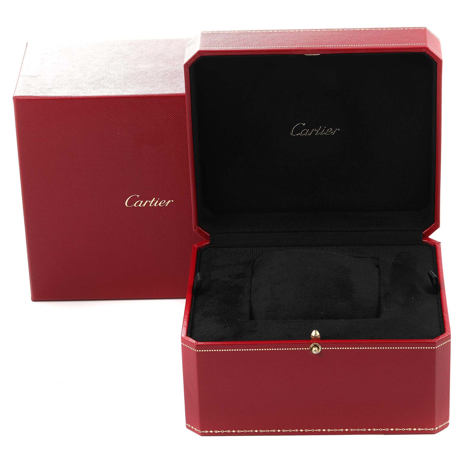 The image shows an open red Cartier watch box for the Panthere model, highlighting the interior cushion and exterior packaging.
