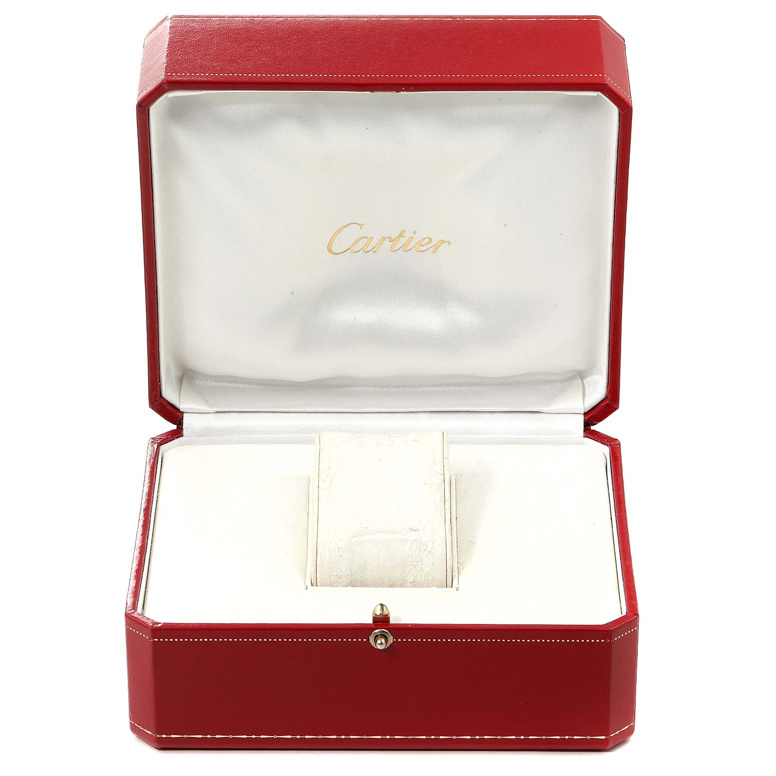 The image shows an open Cartier watch box for the Pasha model, viewed from the front.