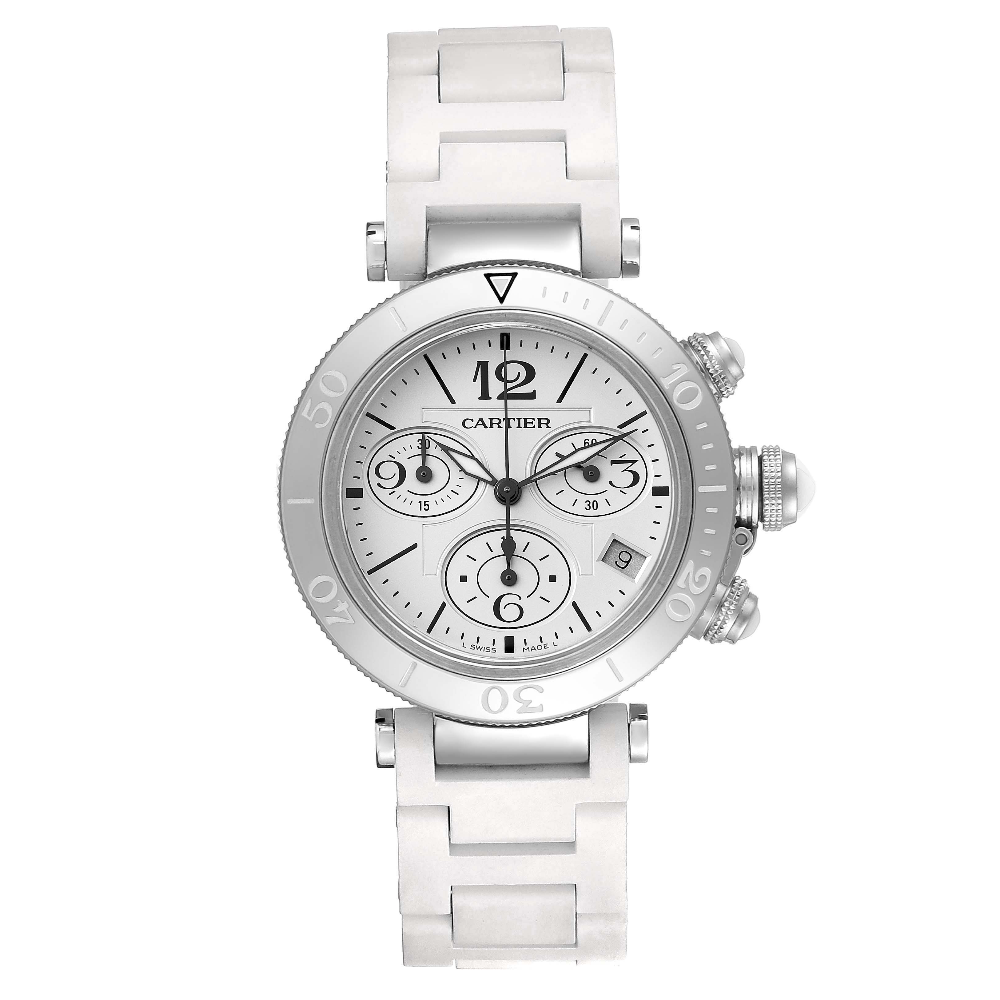 The image shows a front view of the Cartier Pasha W3140005 Women's Stainless Steel White Dial W3140005 Women's Stainless Steel White Dial watch, displaying its dial, bezel, and stainless steel bracelet.