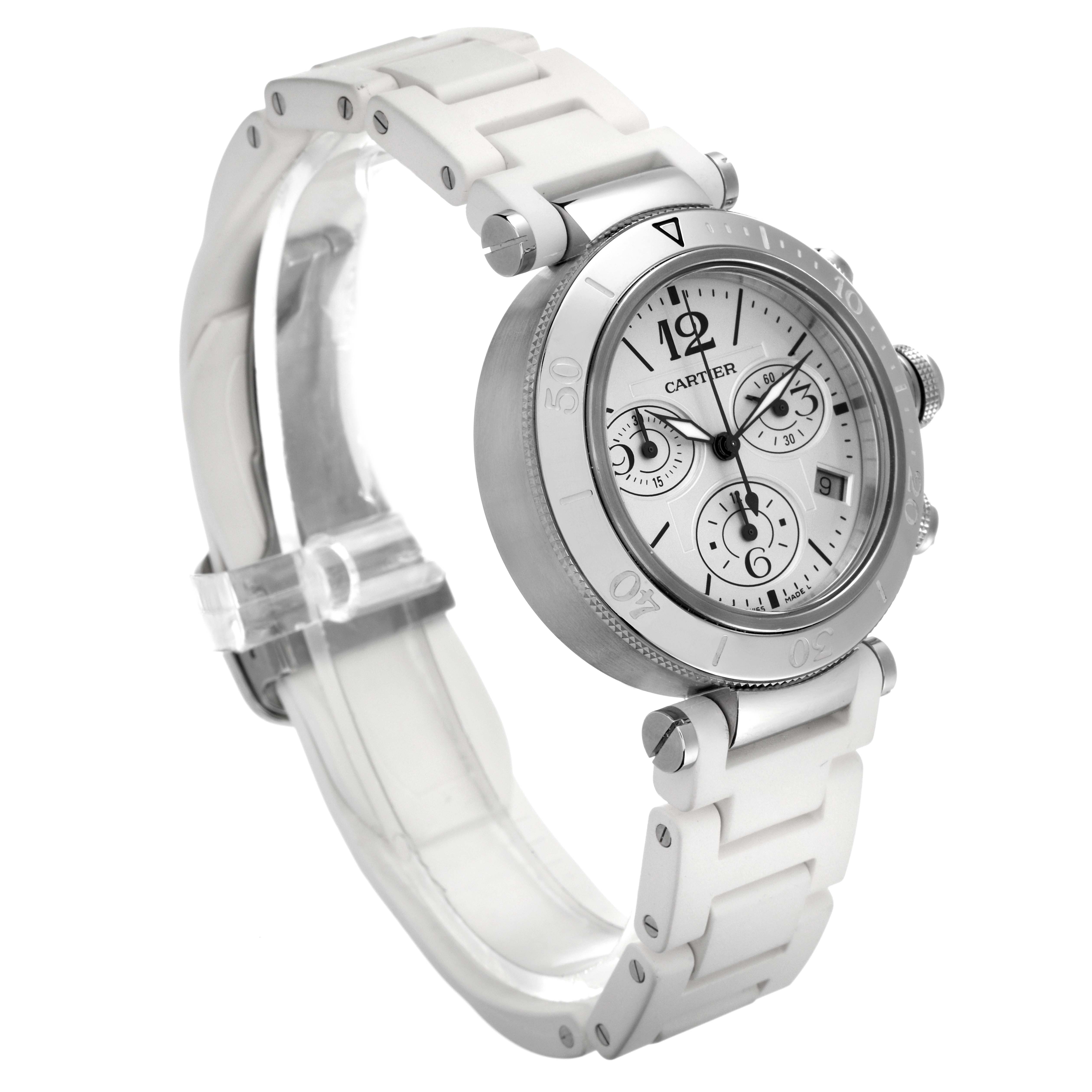 This image displays the Cartier Pasha W3140005 Women's Stainless Steel White Dial W3140005 Women's Stainless Steel White Dial watch at a three-quarter angle, highlighting the face, bezel, and white strap.