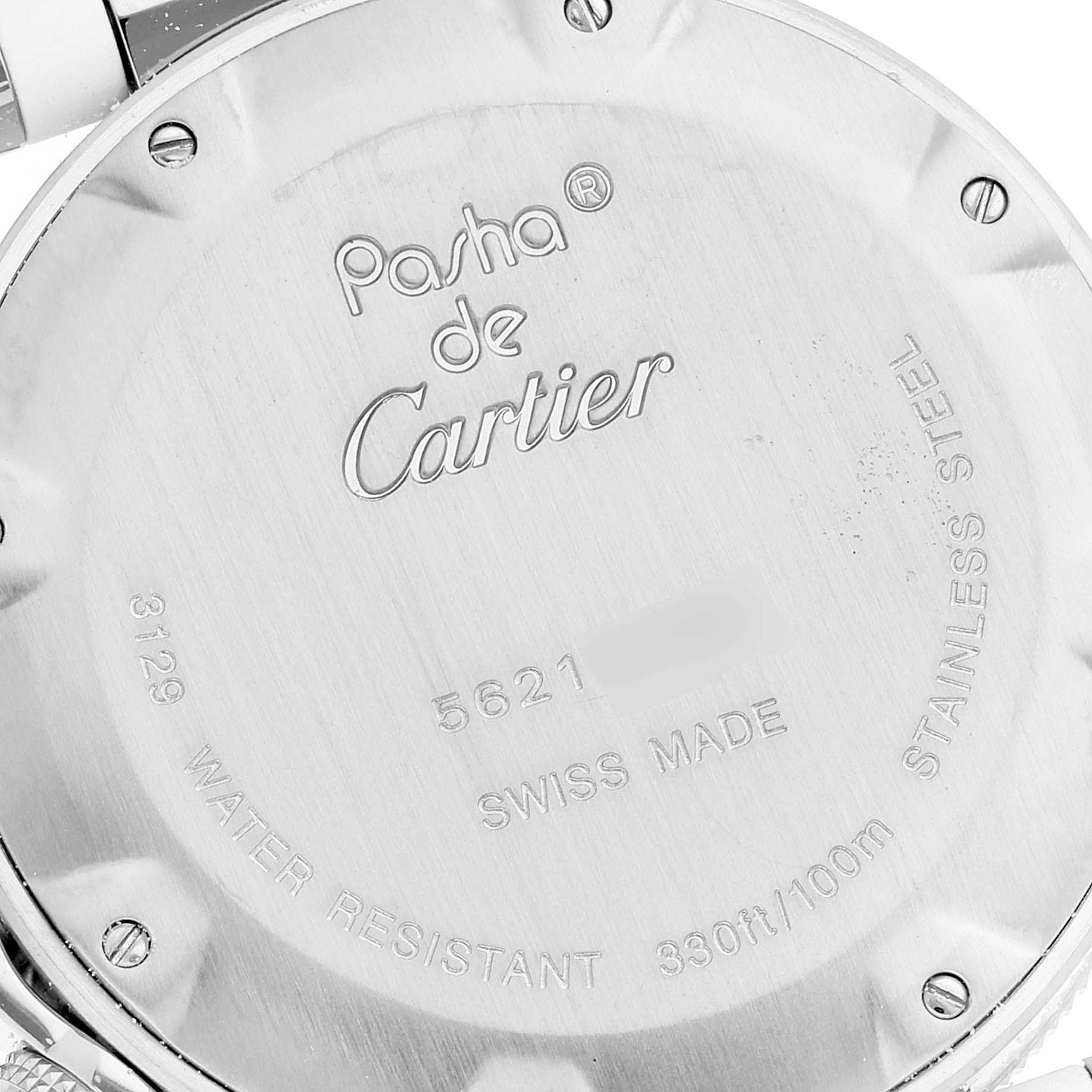 The image shows the back casing of a Cartier Pasha W3140005 Women's Stainless Steel White Dial W3140005 Women's Stainless Steel White Dial watch, featuring engraved model details and specifications.