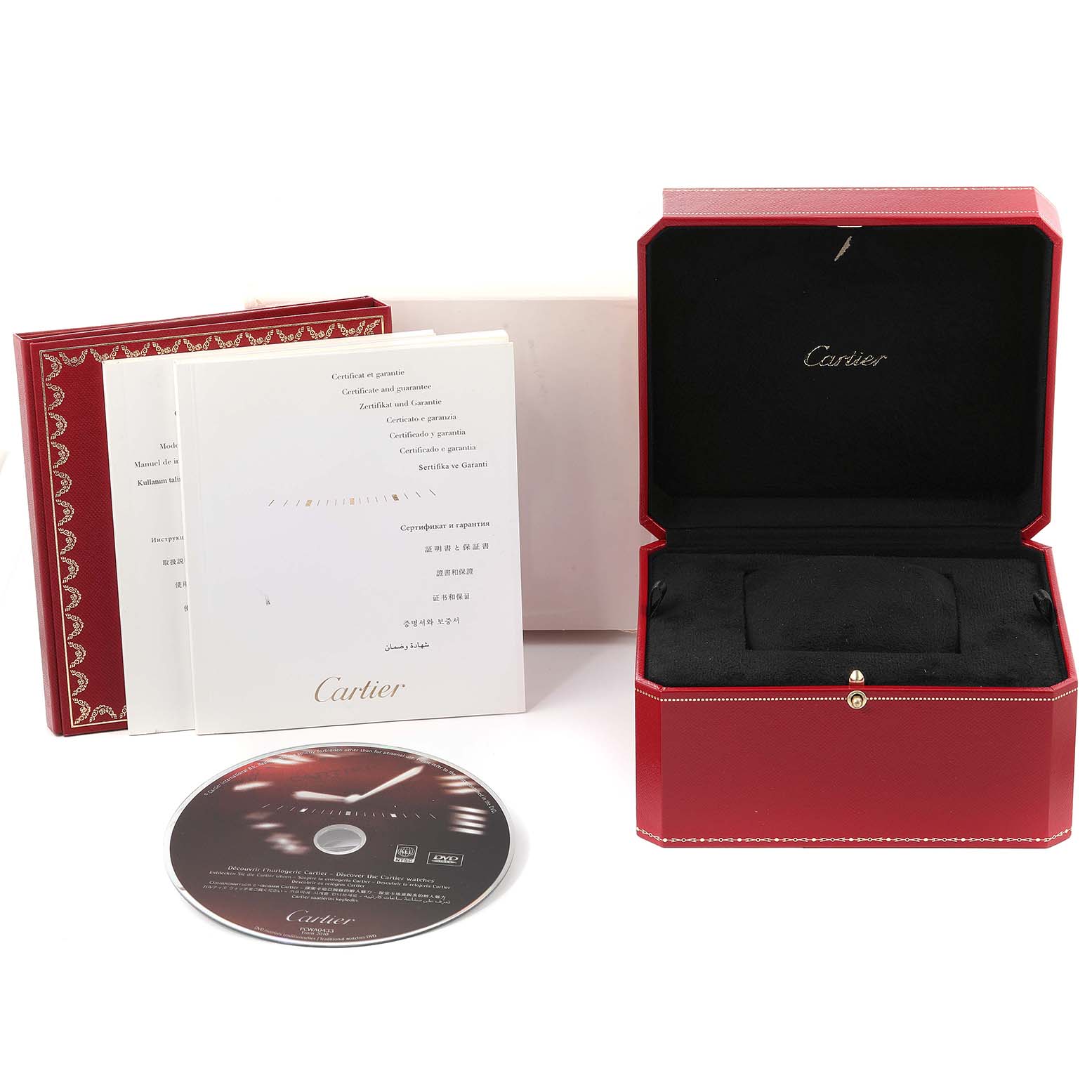 The image shows the packaging, instruction manuals, and a CD for the Cartier Pasha W3140005 Women's Stainless Steel White Dial W3140005 Women's Stainless Steel White Dial watch model.