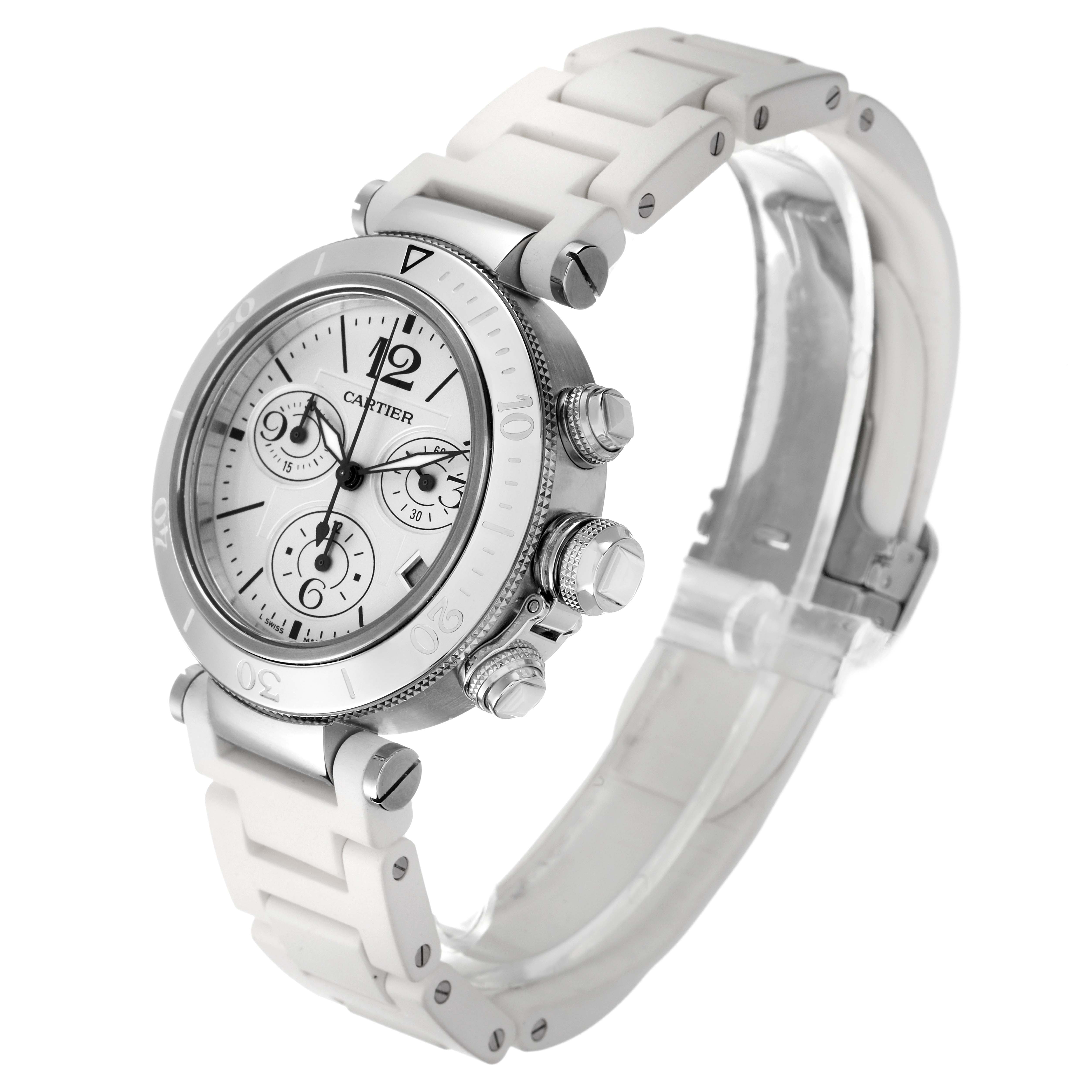 The Cartier Pasha W3140005 Women's Stainless Steel White Dial W3140005 Women's Stainless Steel White Dial watch is shown at a three-quarter angle, highlighting its white dial, chronograph subdials, and white strap.