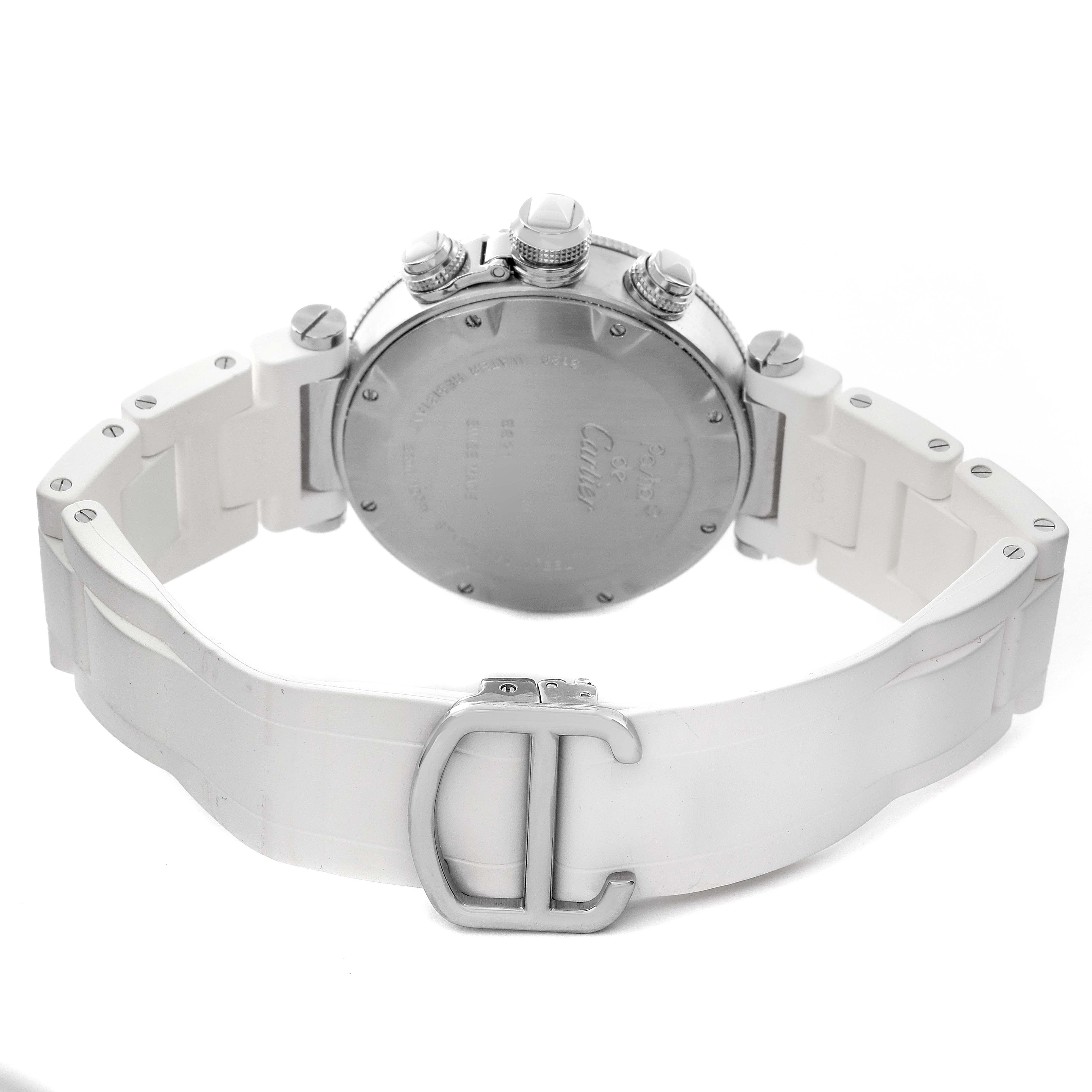 The image shows the back of a Cartier Pasha W3140005 Women's Stainless Steel White Dial W3140005 Women's Stainless Steel White Dial watch, highlighting its case back and white strap with a distinctive buckle.