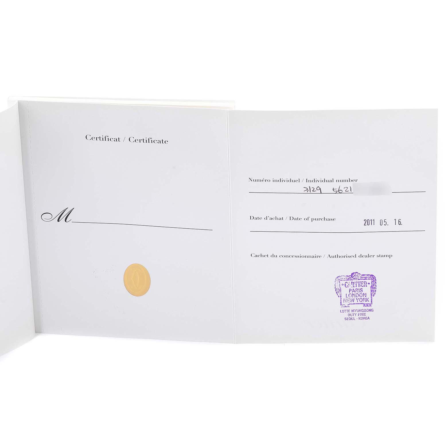 The image shows the open warranty certificate booklet for the Cartier Pasha W3140005 Women's Stainless Steel White Dial W3140005 Women's Stainless Steel White Dial model, displaying purchase details and an authorized dealer stamp.