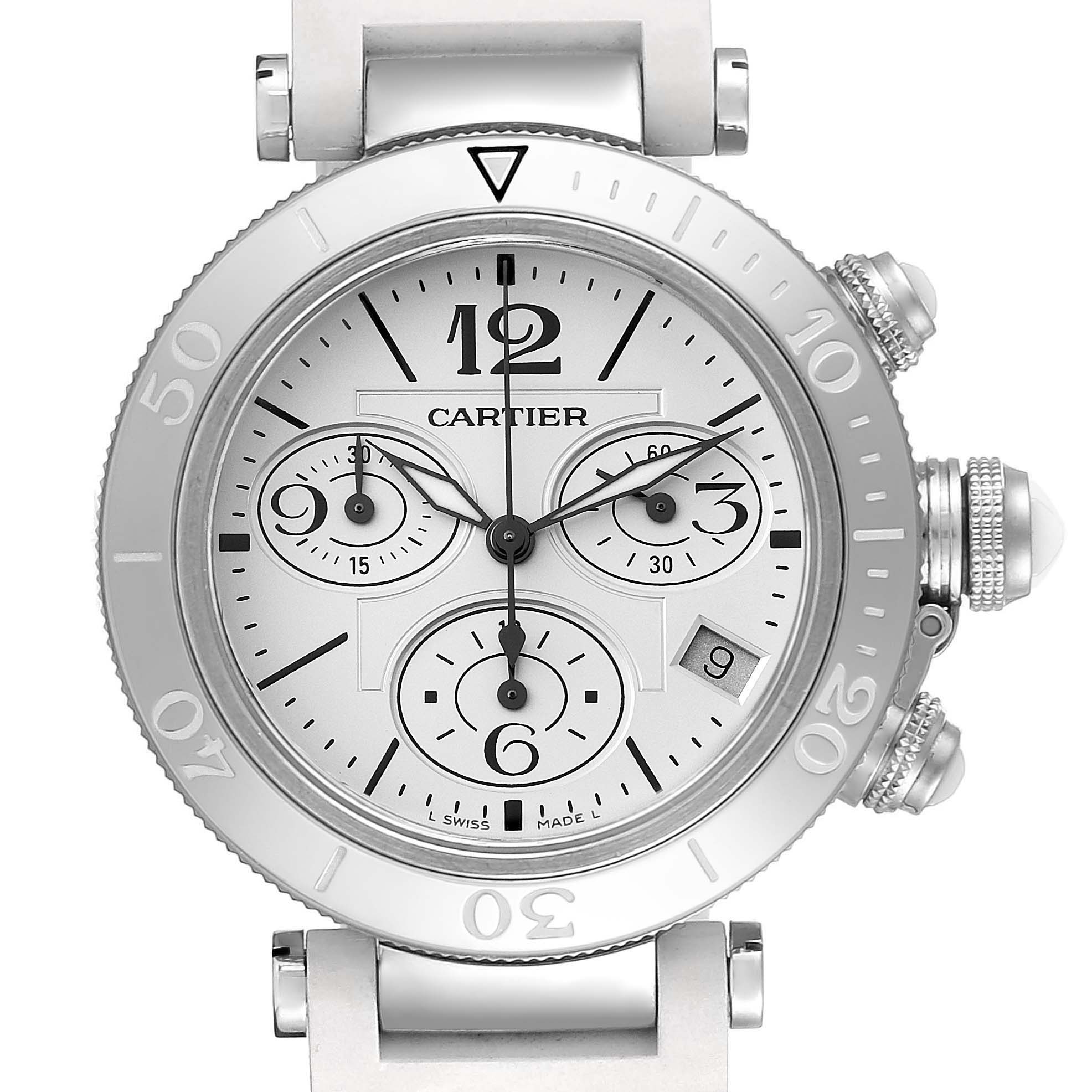 This Cartier Pasha W3140005 Women's Stainless Steel White Dial W3140005 Women's Stainless Steel White Dial watch is shown from the front, displaying its dial, bezel, and chronograph subdials.