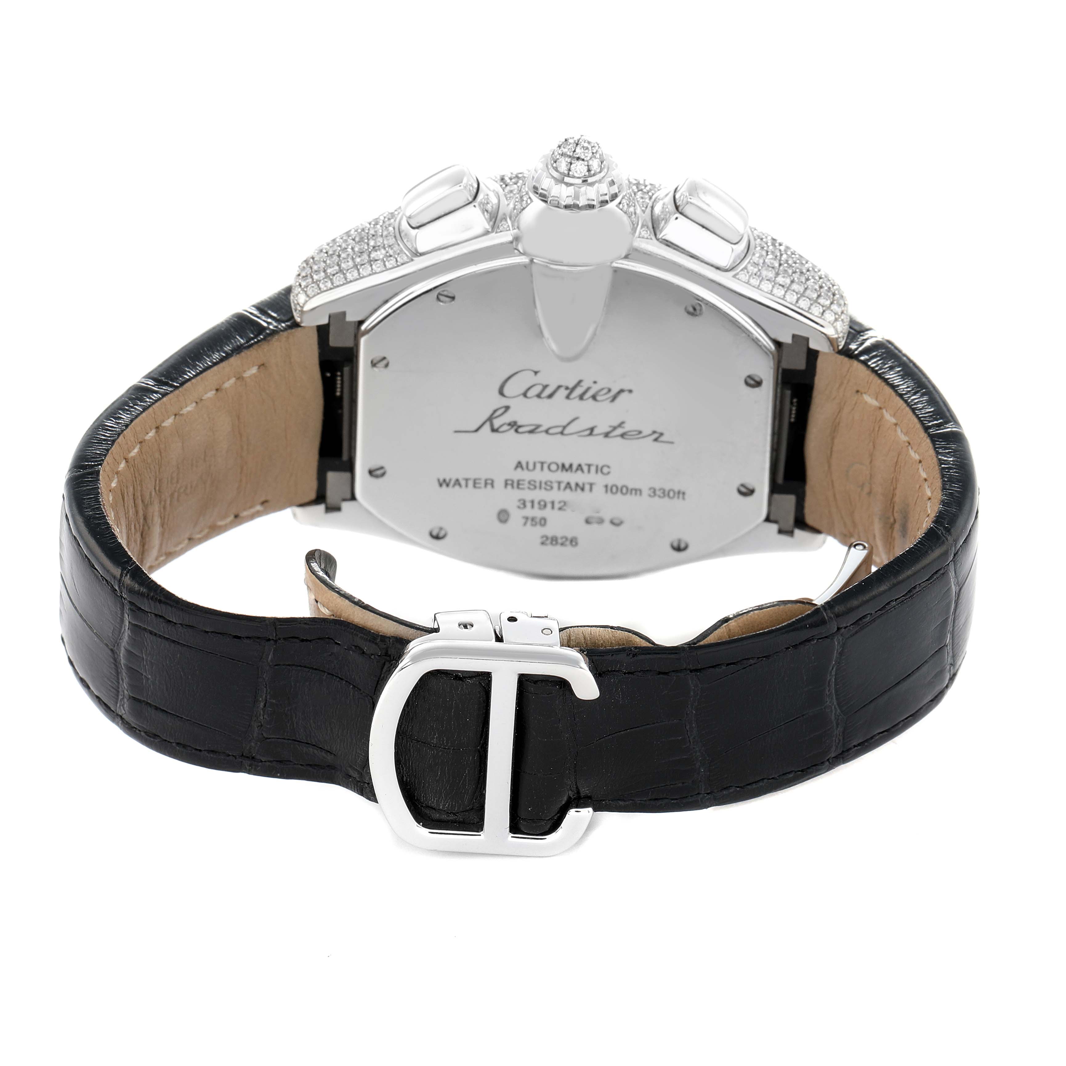 The Cartier Roadster WE50032H Men
s White Gold Silver Dial watch is shown from the back, displaying the case back, crown, and black leather strap with a clasp.