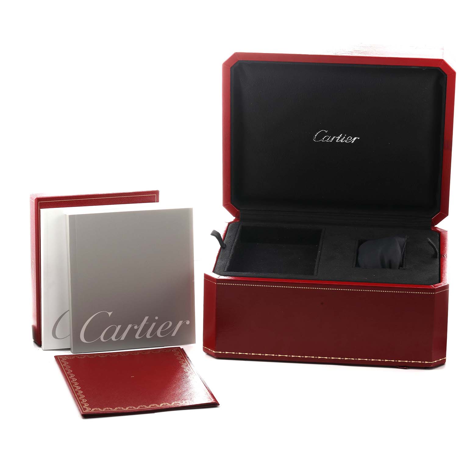 The image shows a Cartier Roadster WE50032H Men
s White Gold Silver Dial watch box, an open red leather case, and accompanying documents.