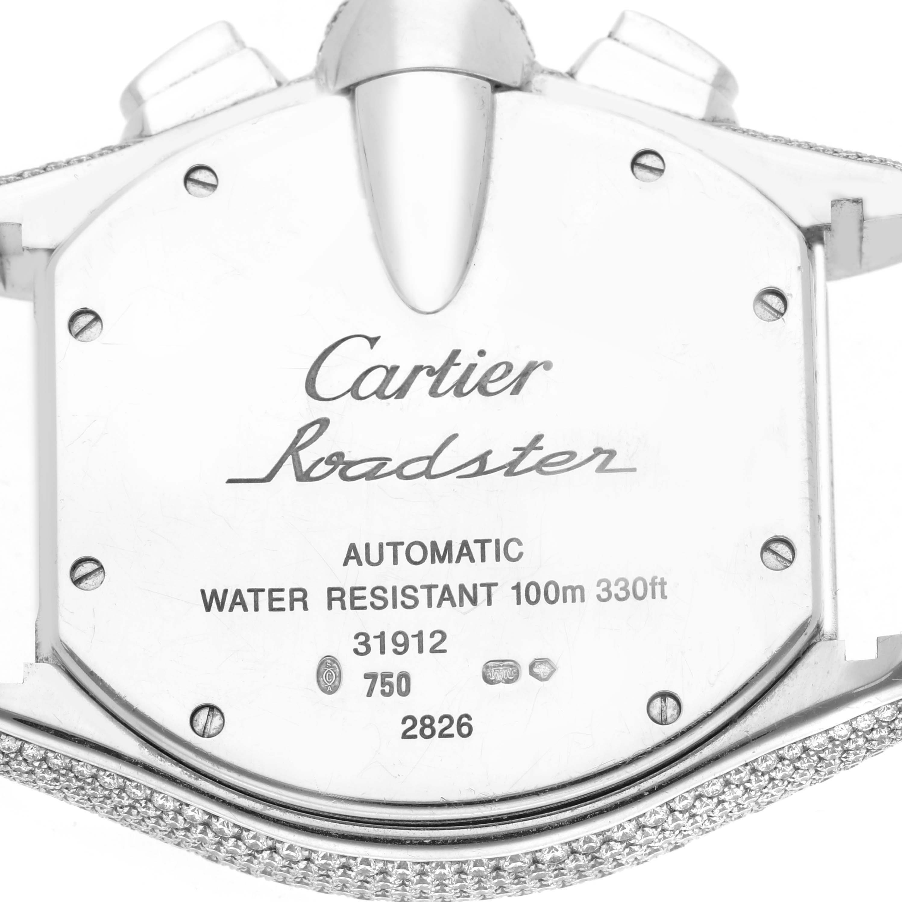 The image shows the back of a Cartier Roadster WE50032H Men
s White Gold Silver Dial watch, highlighting its automatic movement and water resistance details.