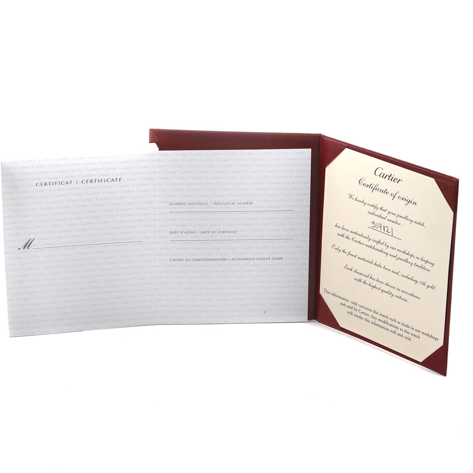 The image shows a Cartier Roadster WE50032H Men
s White Gold Silver Dial watch certificate of origin in a partially opened red holder.