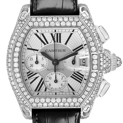 The Cartier Roadster WE50032H Men's White Gold Silver Dial watch is shown from the front, highlighting its diamond-encrusted bezel, Roman numerals, and subdials.