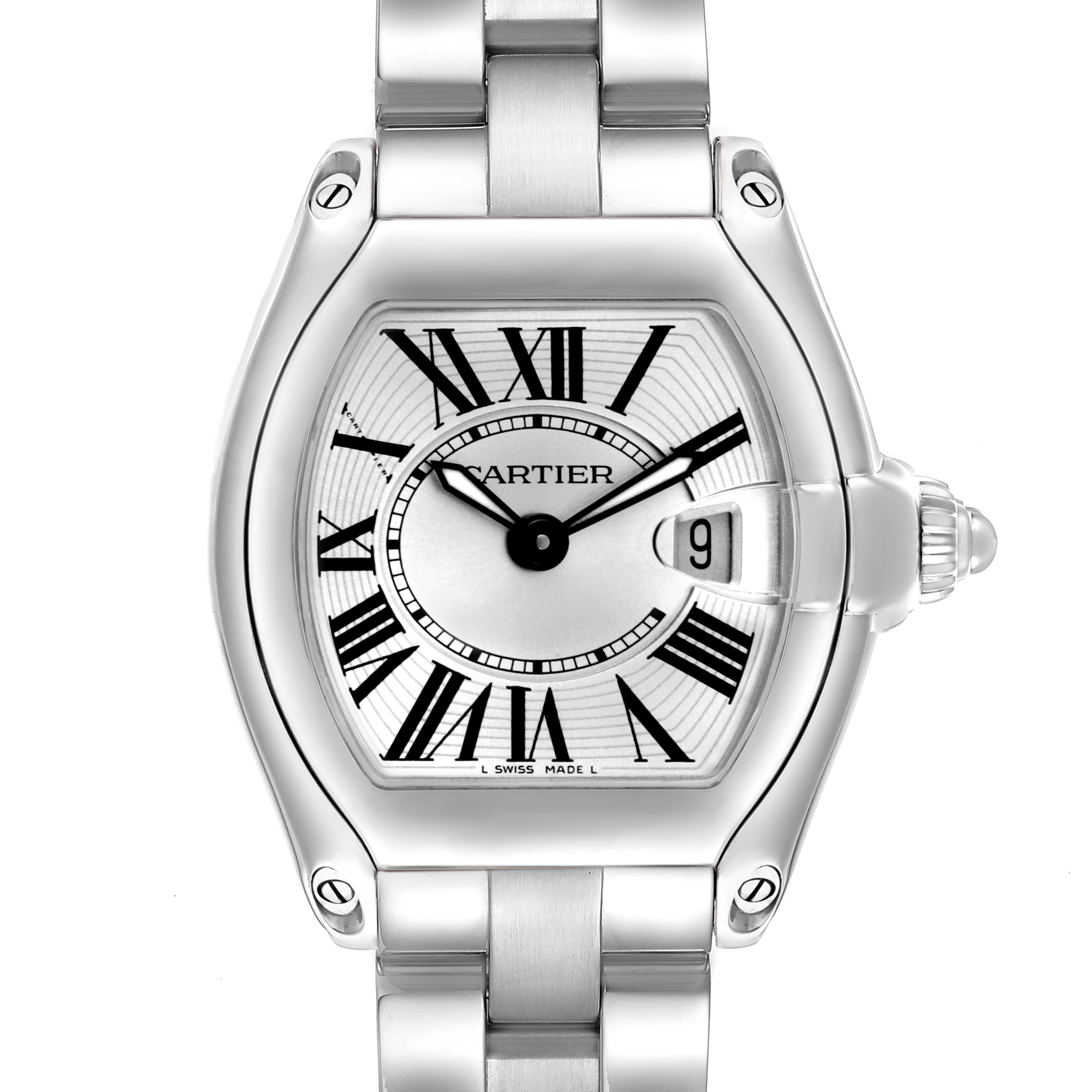 The Cartier Roadster W62016V3 Women's Stainless Steel Silver Dial watch is shown from a front angle, highlighting its face and part of the bracelet.