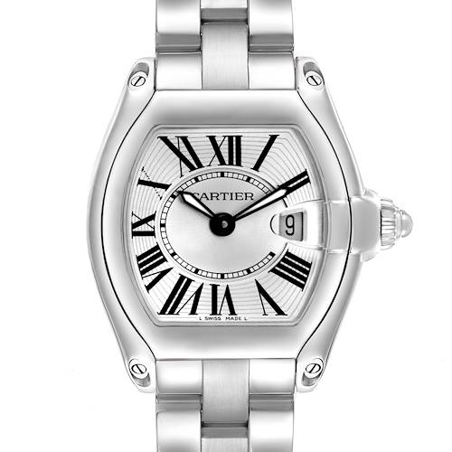 The Cartier Roadster W62016V3 Women's Stainless Steel Silver Dial watch is shown from a frontal angle, highlighting the dial, Roman numerals, date window, and bracelet.