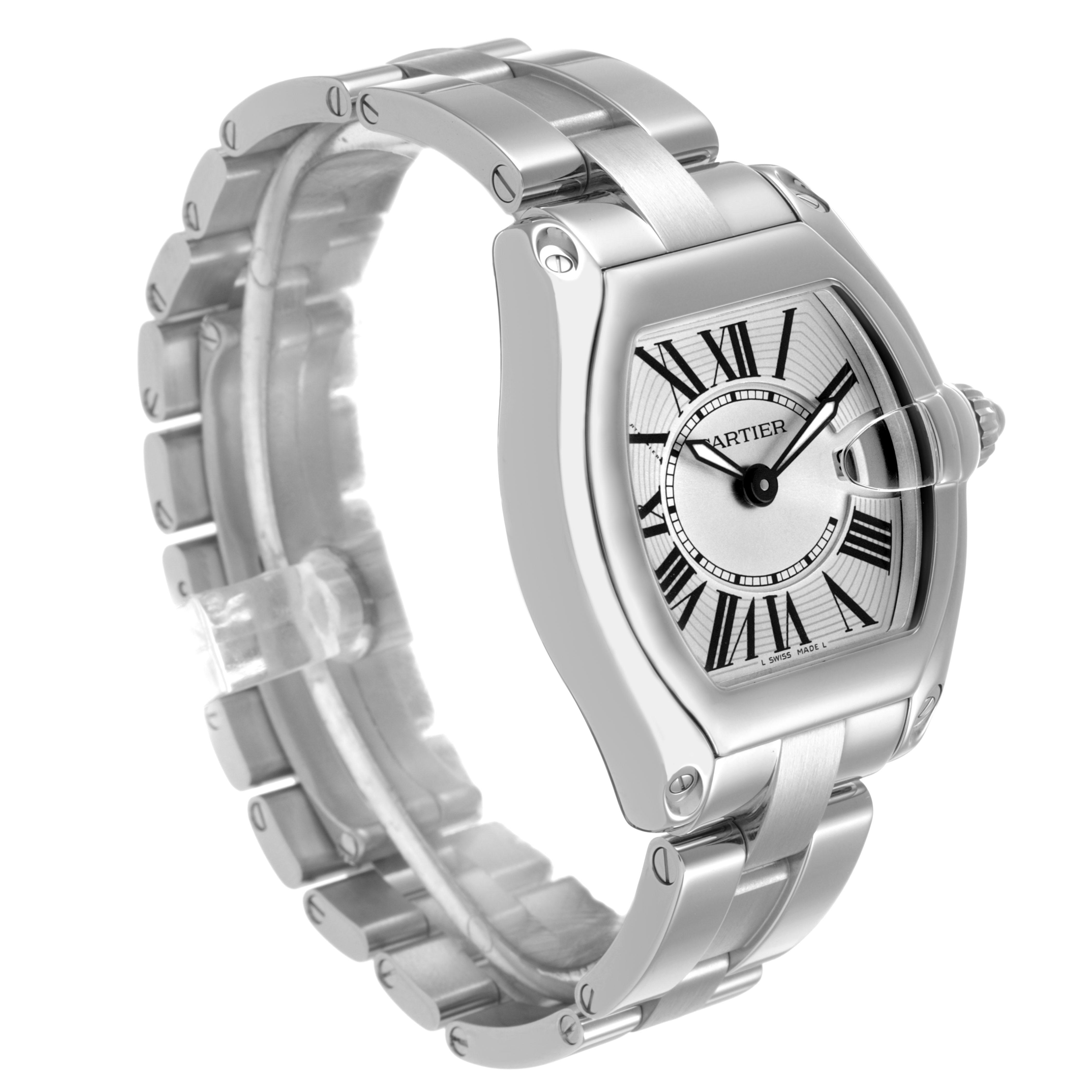 The Cartier Roadster W62016V3 Women's Stainless Steel Silver Dial watch is shown at a three-quarter angle, highlighting its face, bracelet, and crown.