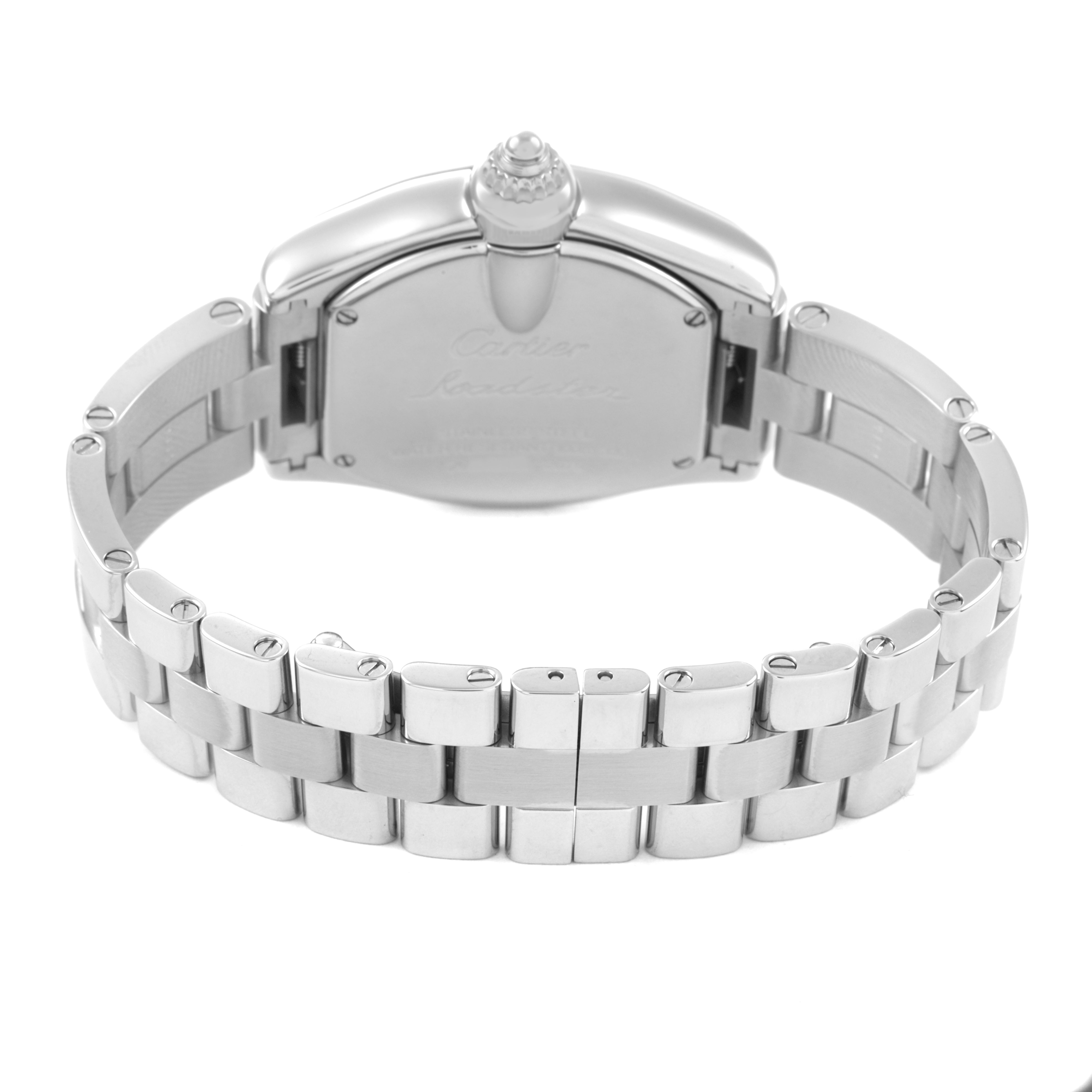 The Cartier Roadster W62016V3 Women's Stainless Steel Silver Dial watch is shown from the back, displaying the stainless steel bracelet and case.