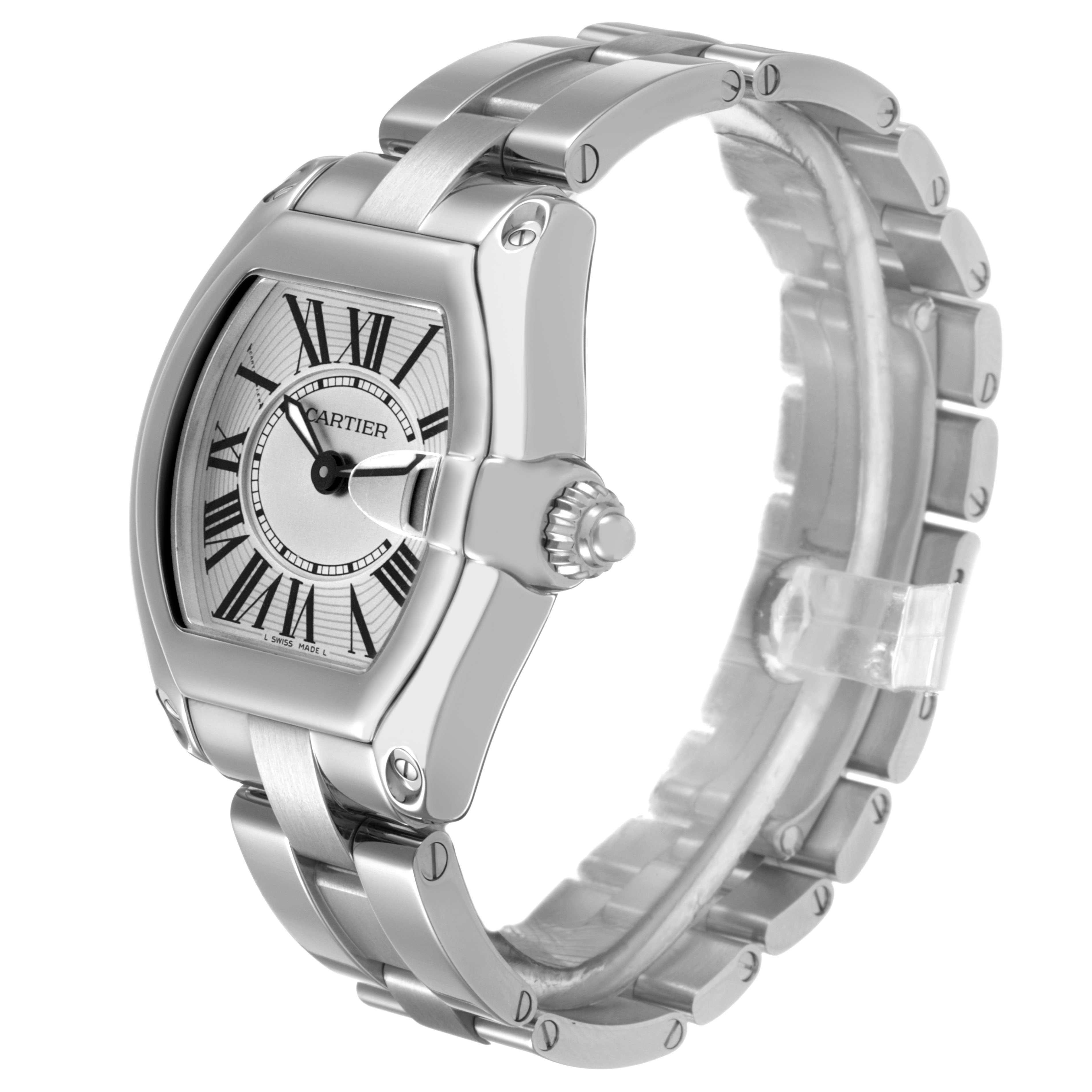The Cartier Roadster W62016V3 Women's Stainless Steel Silver Dial watch is shown at a three-quarter angle, highlighting the face, crown, and polished bracelet.