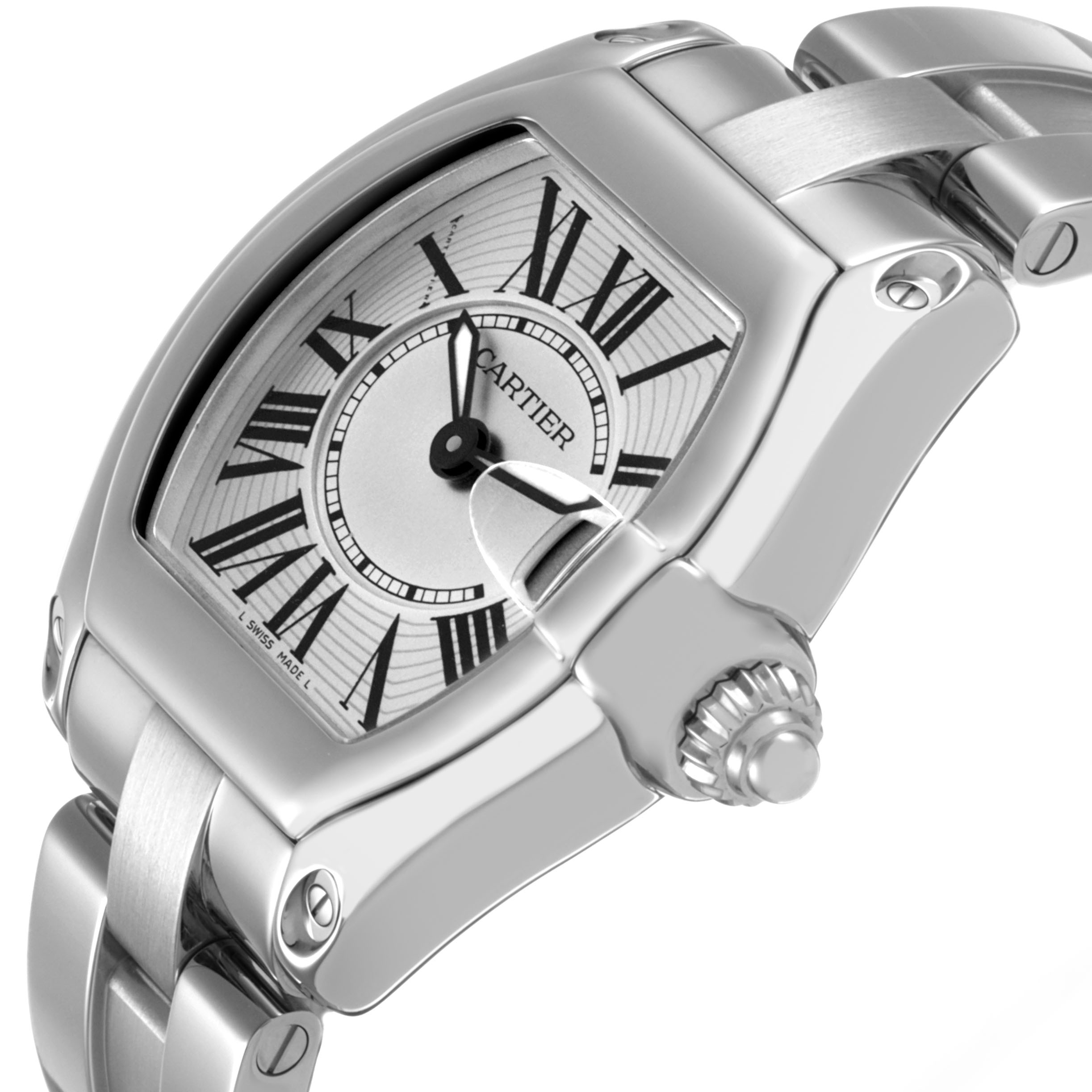 The Cartier Roadster W62016V3 Women's Stainless Steel Silver Dial watch is shown at an angled side view, highlighting the dial, crown, and part of the bracelet.