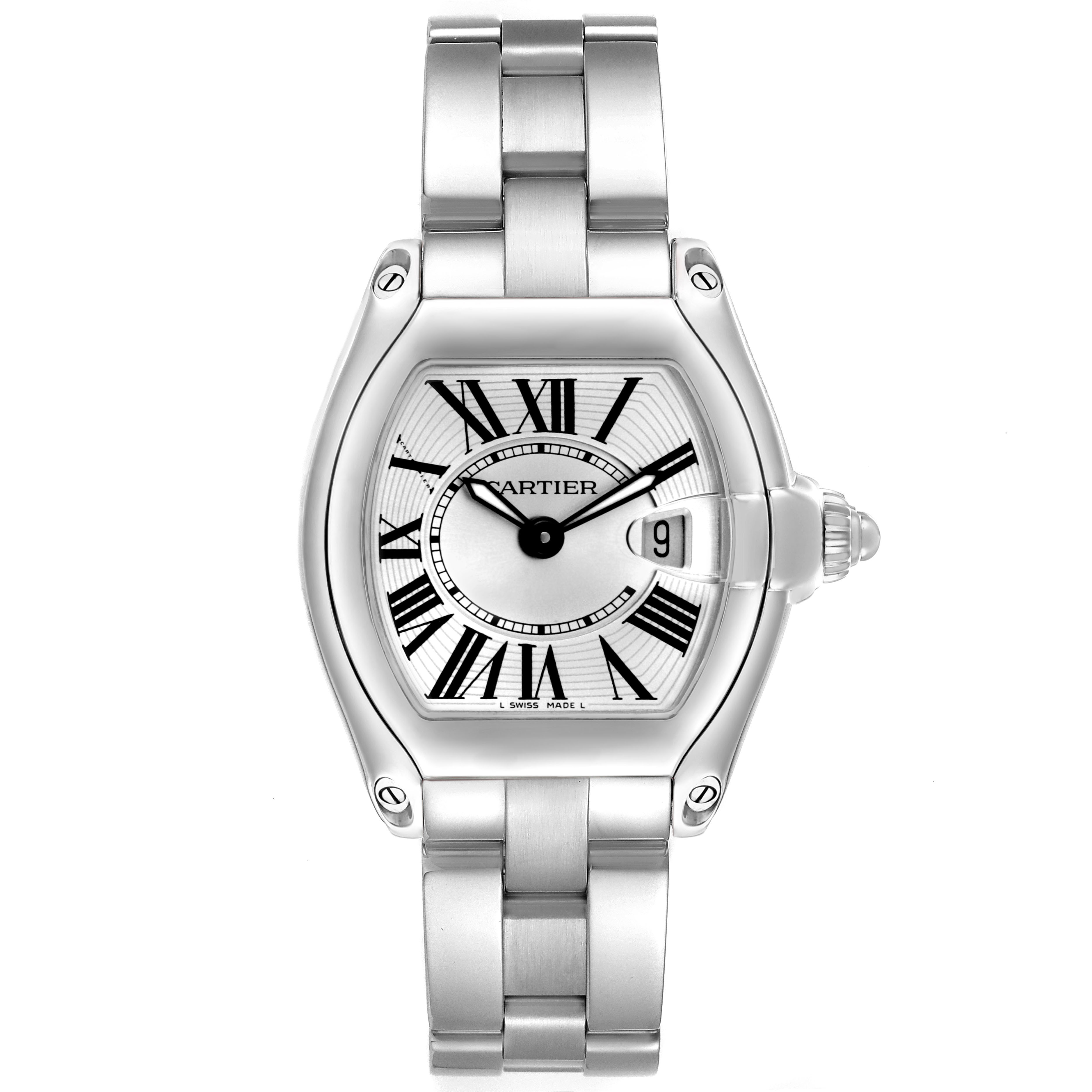 The Cartier Roadster W62016V3 Women's Stainless Steel Silver Dial watch is shown from a front angle, displaying the dial, case, and full bracelet.