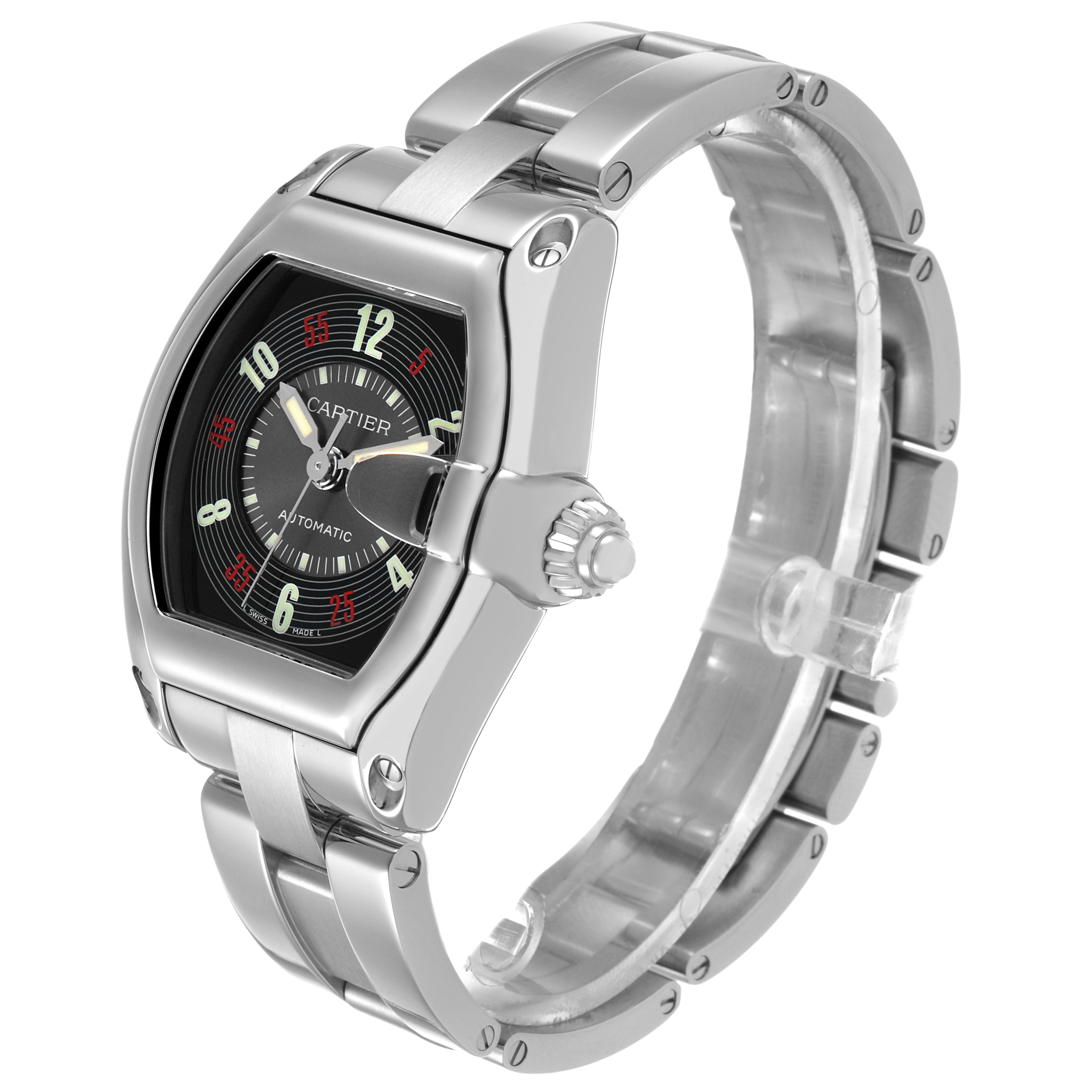 The Cartier Roadster W62002V3 Men's Stainless Steel Black Dial watch is shown at an angled side view displaying the dial, case, bezel, and bracelet.